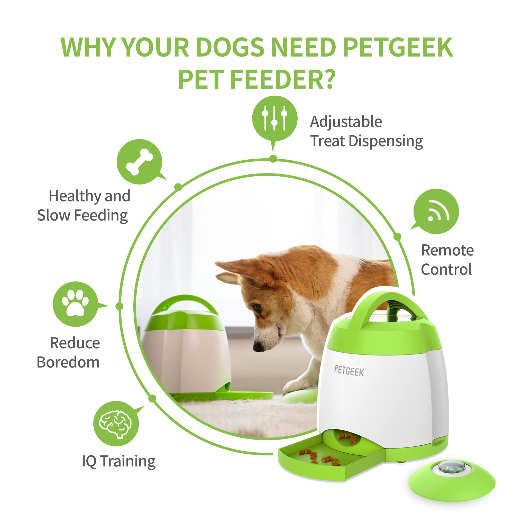 PETgEEK Treat Dispenser Dog Toys, Automatic Pet Feeder with Dual Power Supply and Remote control, Dog Puzzle Toys and Interactiv