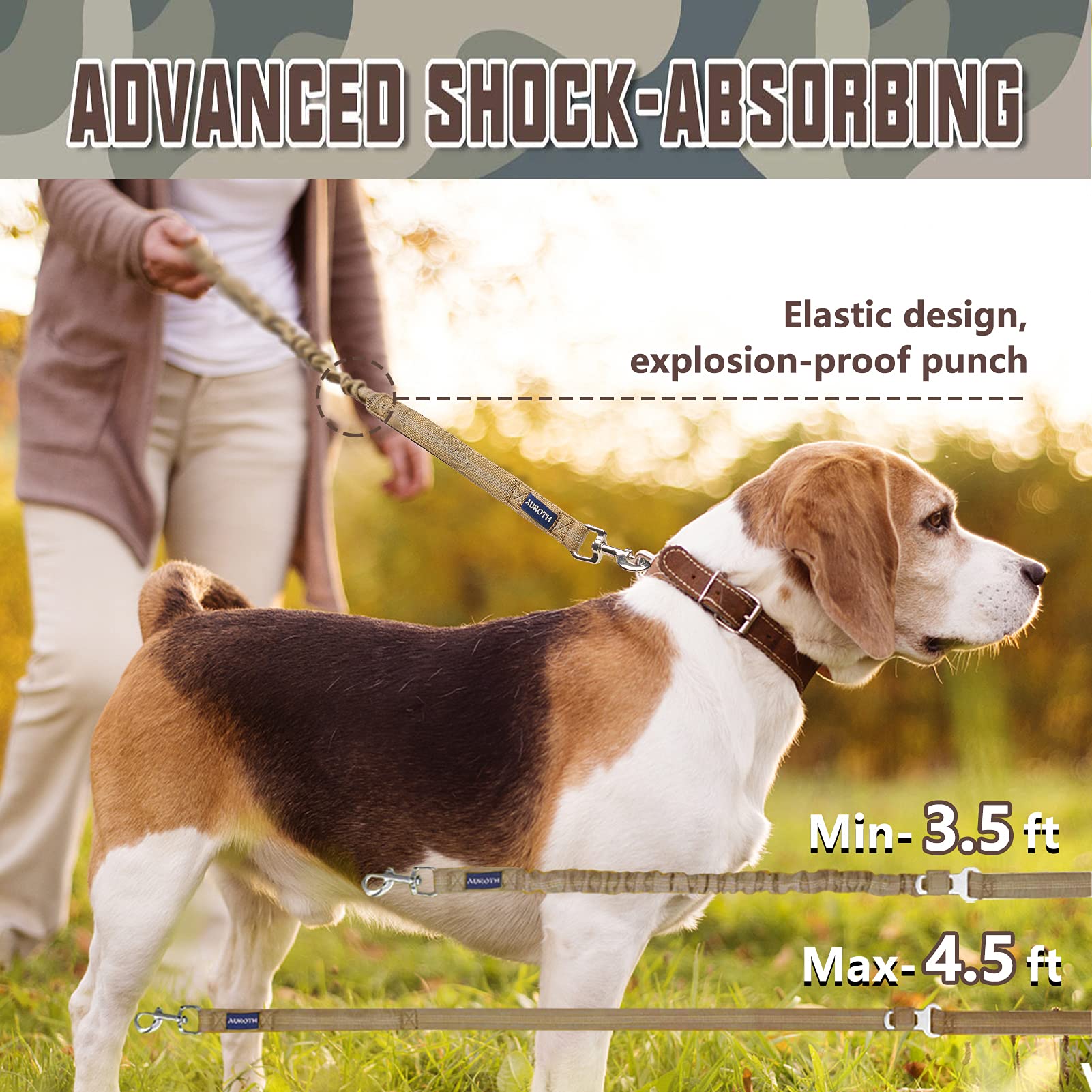 Bungee Dog Leash For Shock Absorption - Heavy Duty No Pull Training Leash For Medium & Large Dogs - Army Yellow, 6Ft/4.5Ft With