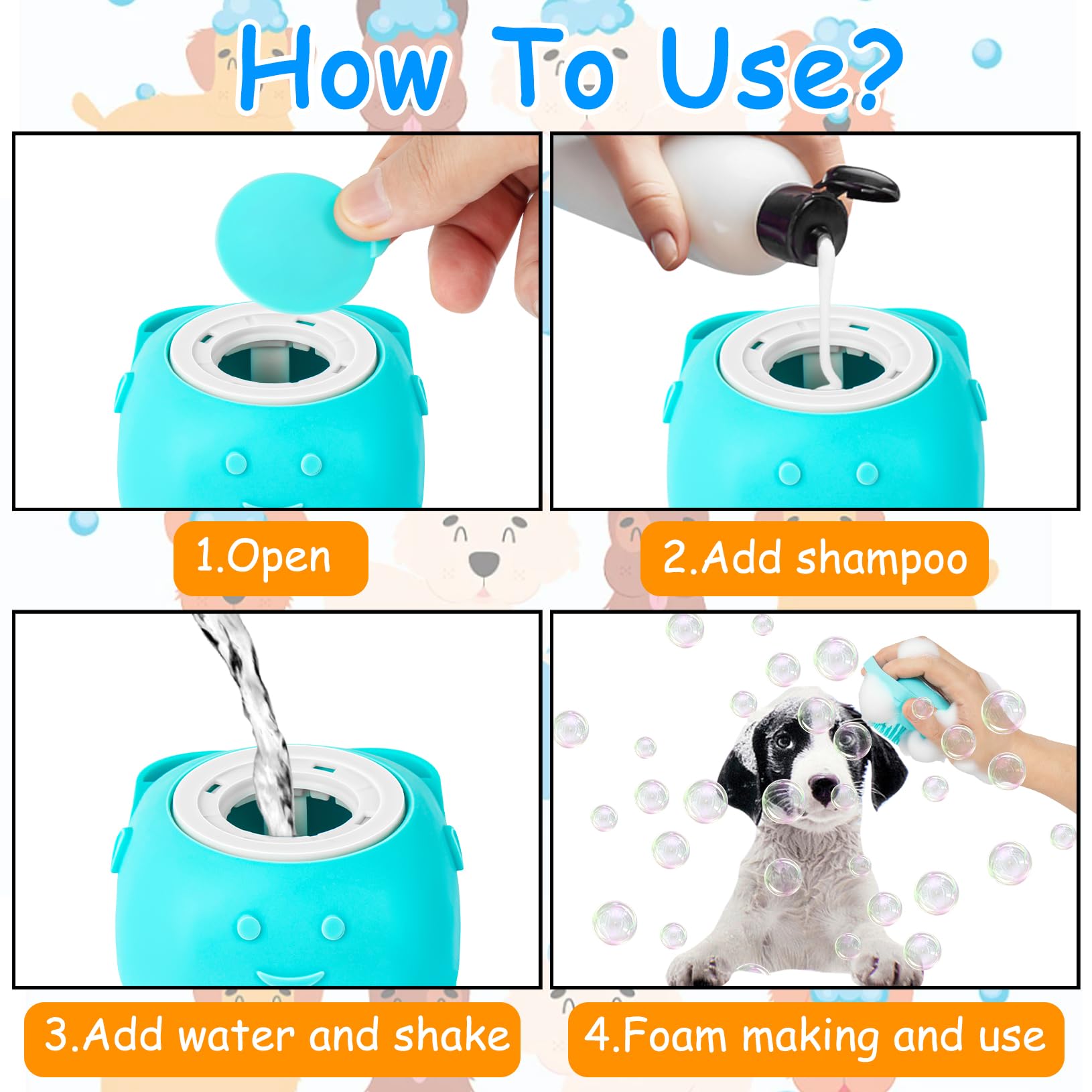 Ponpon 3PCS Dog Bath Brush with 4Pcs Toothbrush, Scrubber and Shampoo Brush with Adjustable Ring Handle, Shower Brush for Long a
