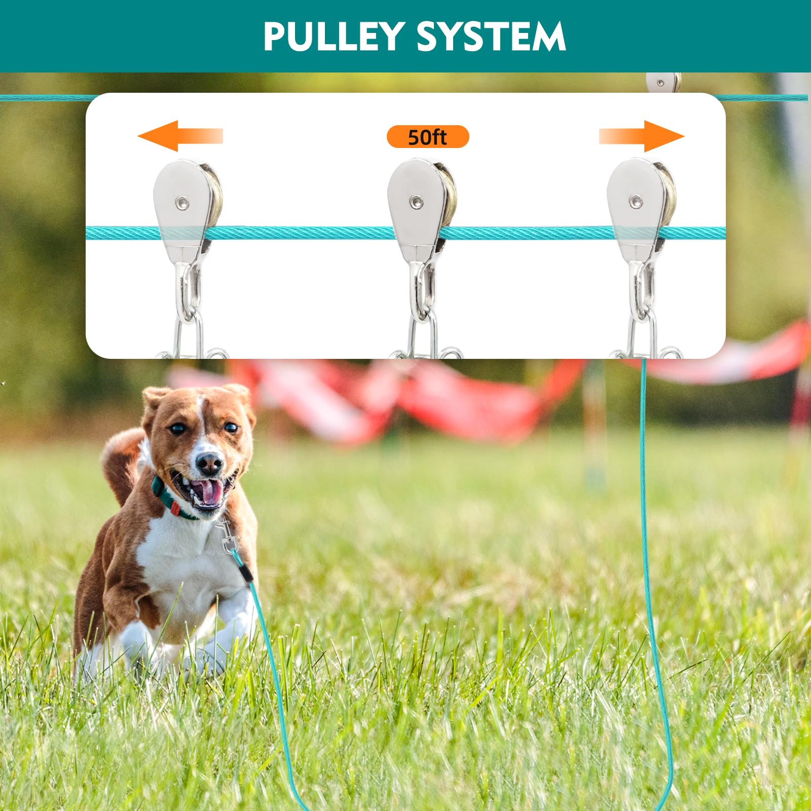 Luckwell Dog Runner And Tie Out System, 50Ft + 15Ft Pulley Cable, Heavy Duty For Dogs Up To 250Lbs, Blue