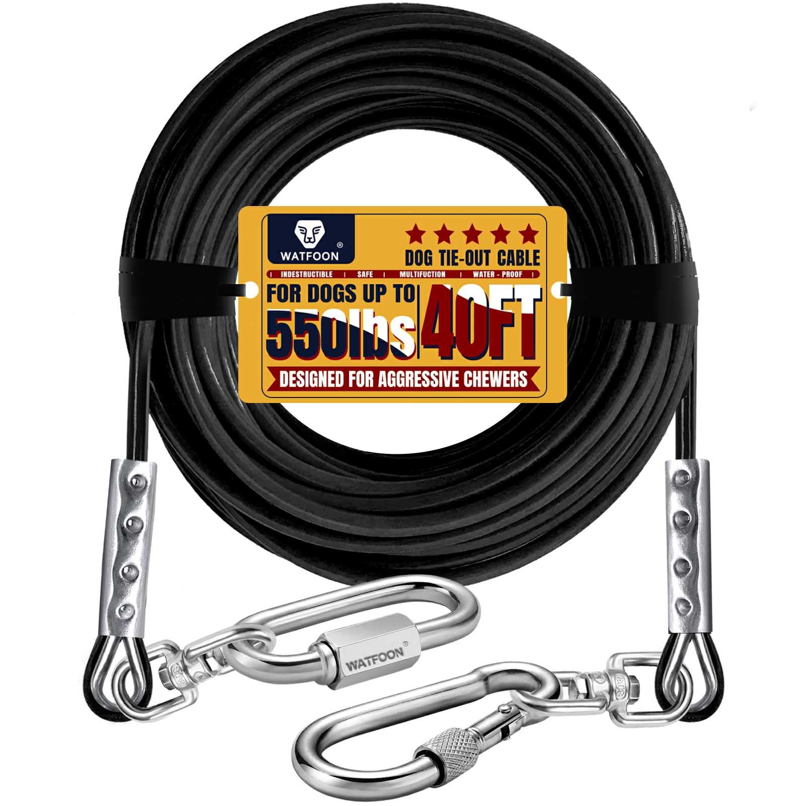 Watfoon 40Ft Dog Leads For Yard, 1500Lbs Break Strength, Heavy Duty Tie Out Cable For X-Large Dogs Training With Dual Rotating H