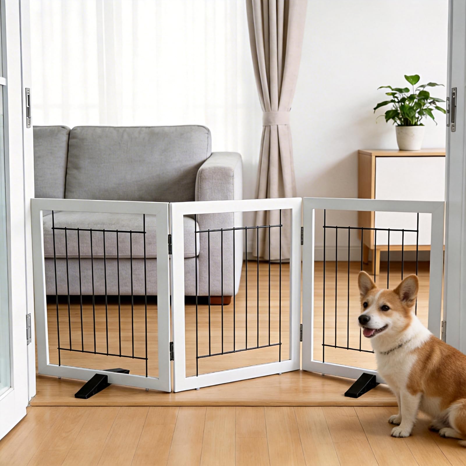 ZJSF Freestanding Dog Gate Indoor, Foldable Dog Fence for Doorways,Hallways or Stairs, Sturdy Wood Extra Wide Pet Gate with Supp