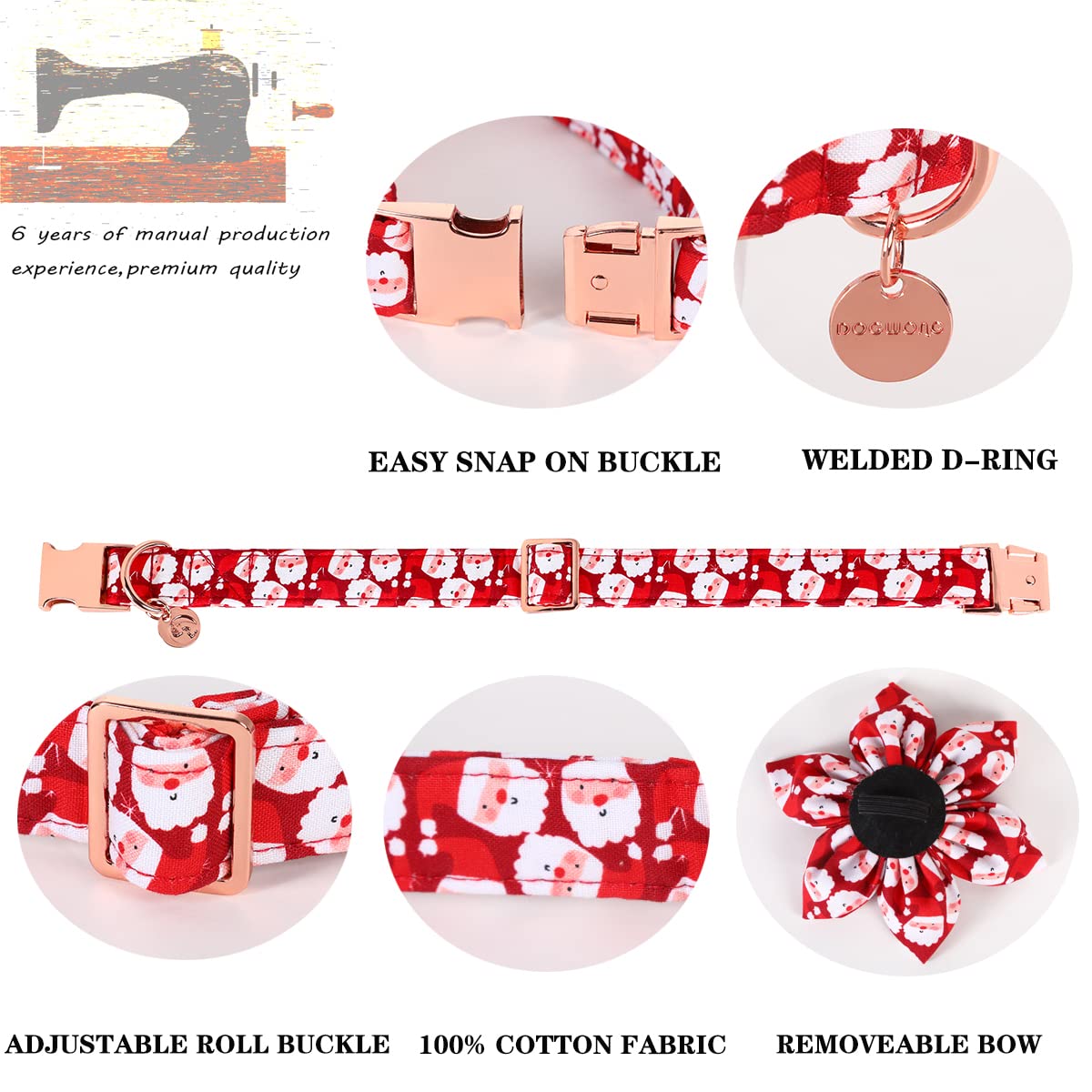 Dogwong Christmas Dog Collar With Flower, Red Santa Claus Dog Collar Soft Durable Adjustable Cotton Puppy Collar For Small Mediu