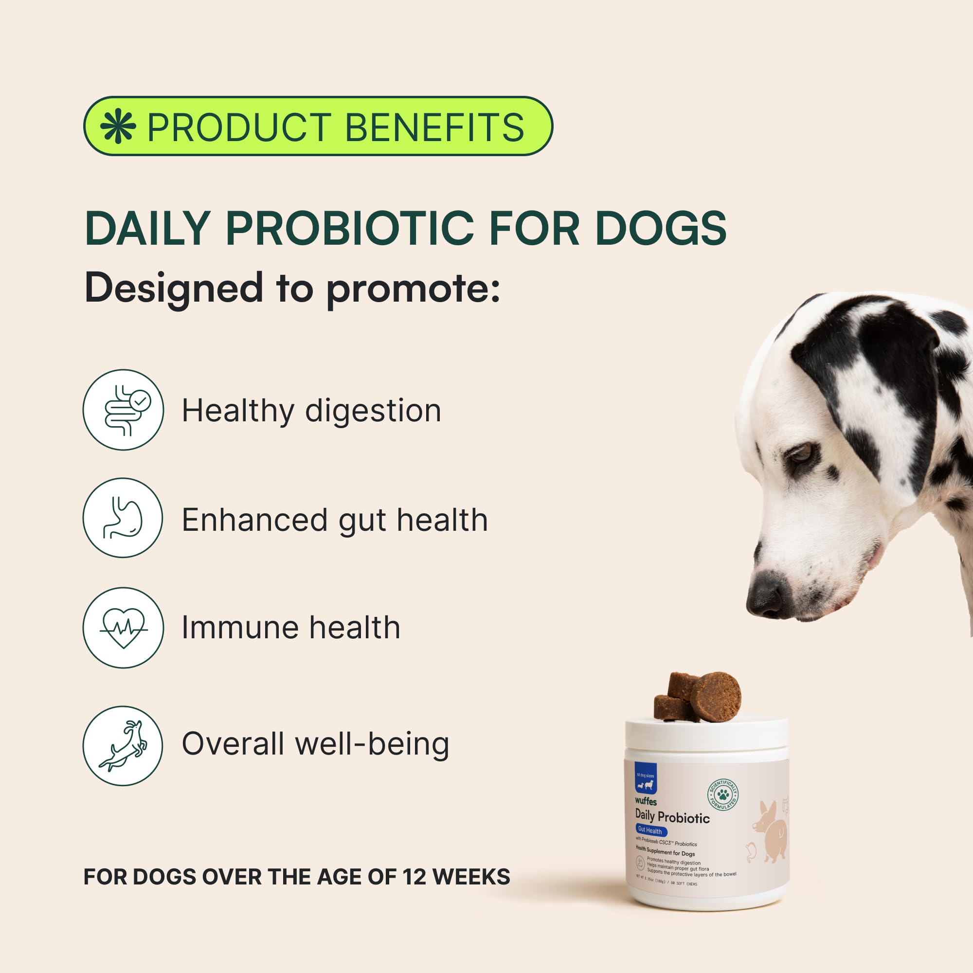 Wuffes Daily Probiotic for Dogs - Supports Digestive Health, Gut Balance, and Immune System - with Prebiotics, Marshmallow Root,