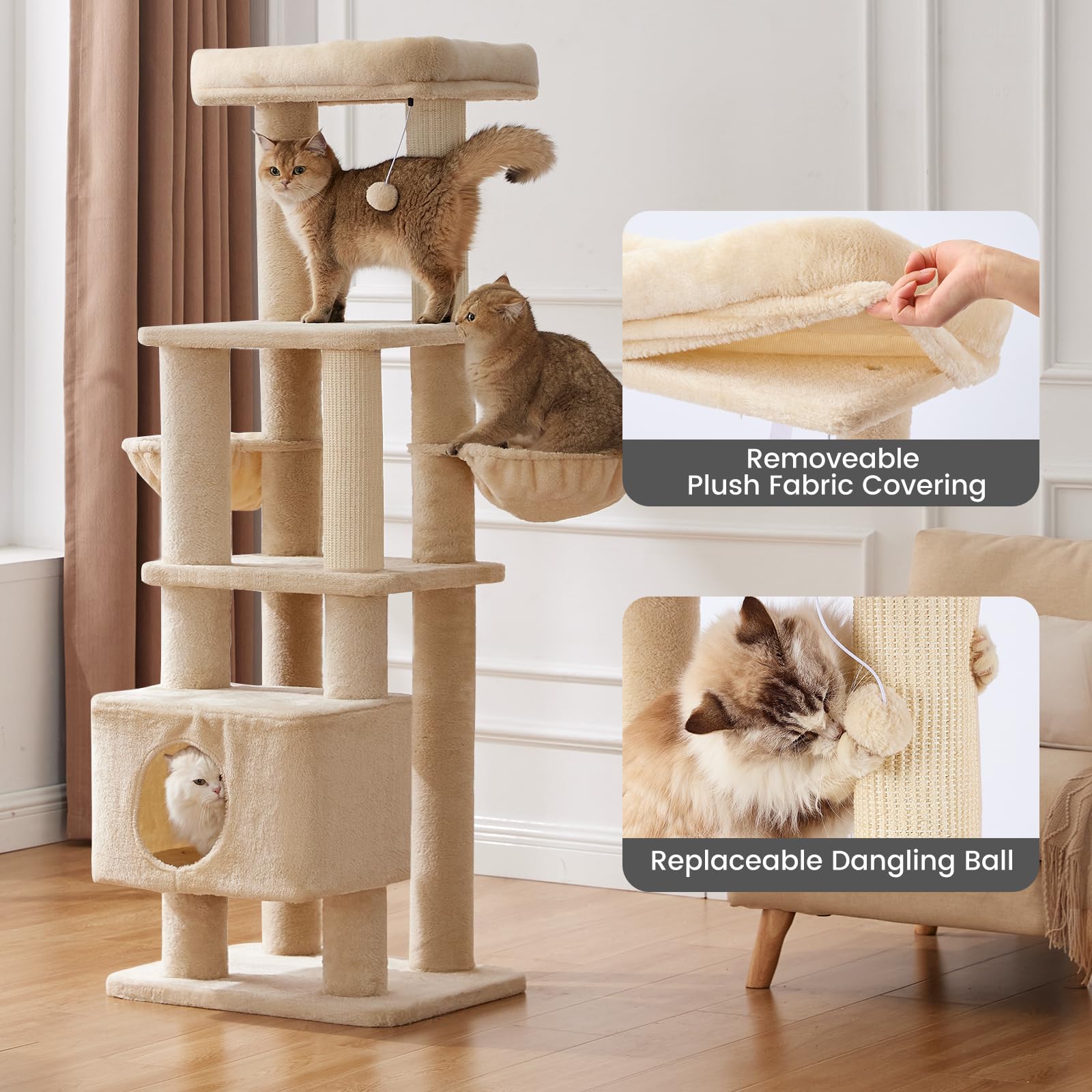 Gardner Pet 65In Heavy Duty Cat Tree Tower For Large Cats, Multi-Level Cat Furniture With Replaceable Sisal Scratching Post, Ham