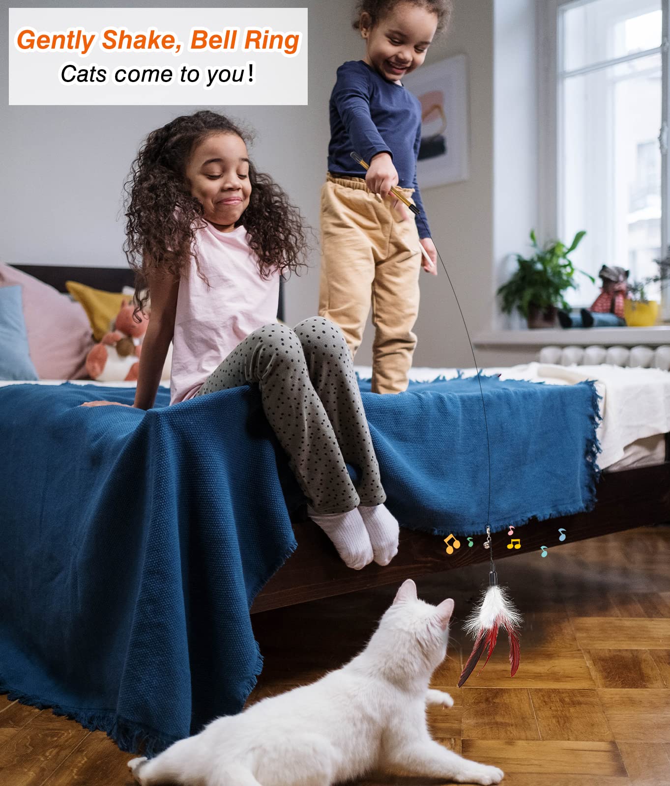 Pawaboo Feather Teaser Cat Toy, Interactive Feather Wand Cat Toy Flying Feather Cat Catcher With Extra Long 34.5' Wand And Small Bell, Exerciser Playing Toy For Kitten Or Cat, Wine Red & White Feather