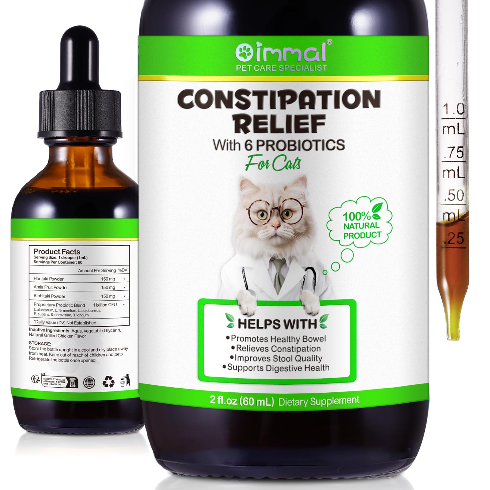 Cat Constipation Relief 2 fl oz, 100% Natural Cat Laxative with 6 Probiotics for Cats Constipation, Promotes Digestive Health, L