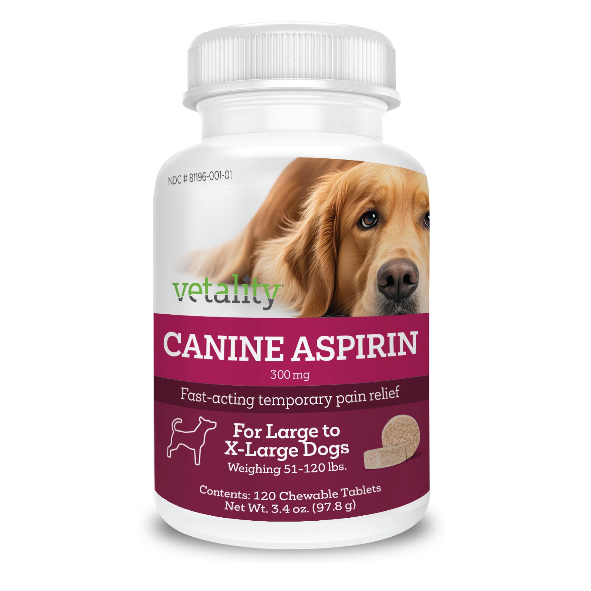 Vetality Canine Aspirin for Dogs | Fast Pain Relief | Large to X-Large Dogs | Liver Flavor | 120 Chewable Tablets