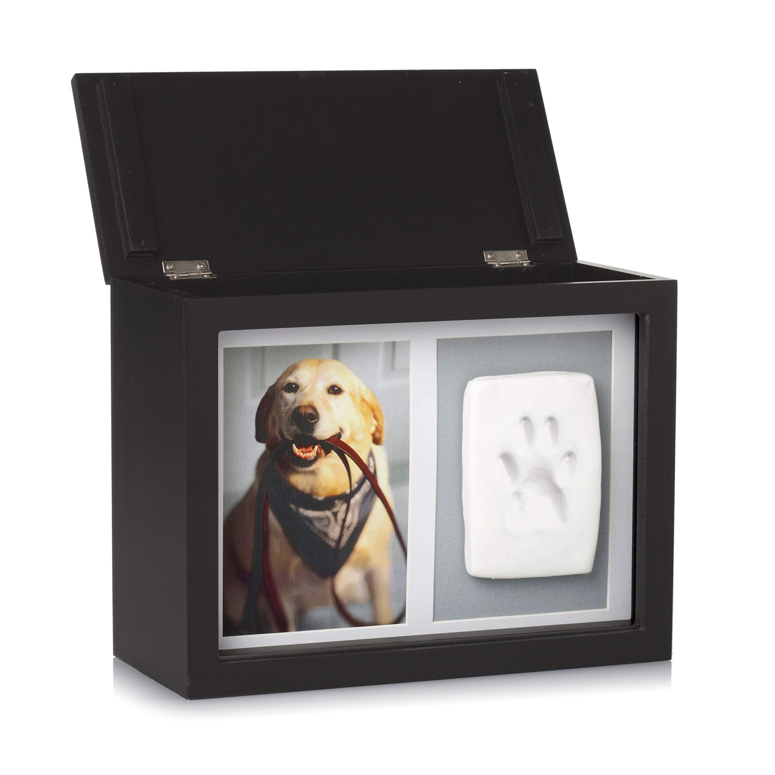 Pearhead Pet Memorial Box With Paw Print Impression Kit - Pet Owner Memory Keepsake, Urn For Dogs And Cats, Storage For Ashes, Collar, Toys And Mementos, Includes Clay For Pawprint, Black