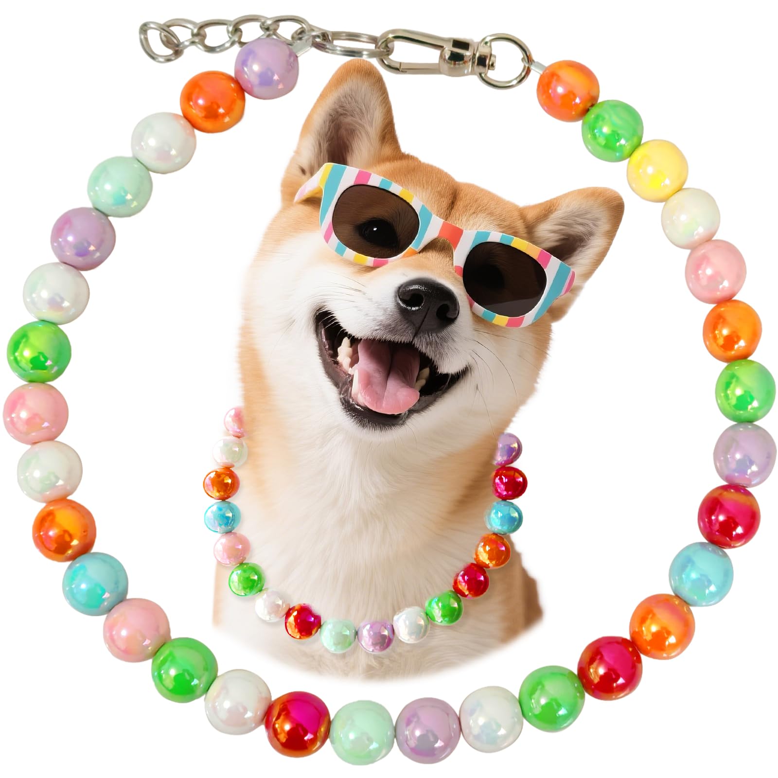 Hosiwei Handmade Rainbow Beaded Dog Collar - 16Mm Chunky Colorful Candy Pearls With Stainless Steel Wire, Adjustable Pet Necklac