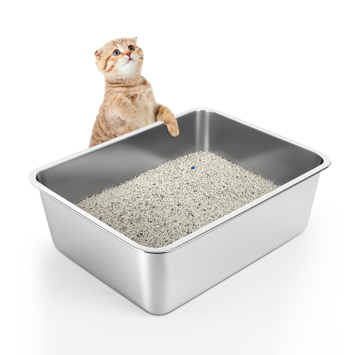 Wenbokmin Stainless Steel Litter Box - Cat Litter Box Easy To Clean, Never Absorbs Odor, Stains, Or Rusts - Silver (17.7'' L X 1