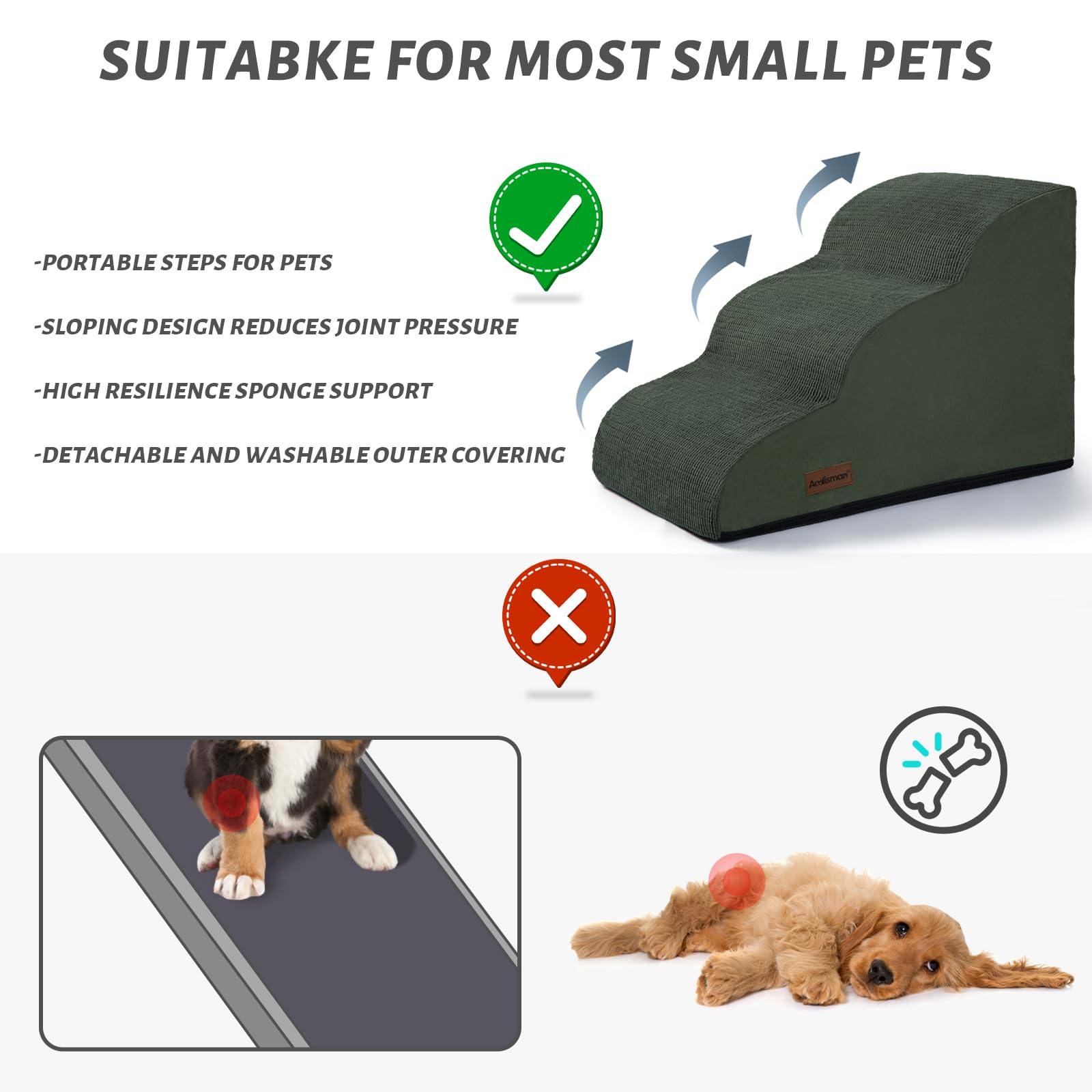 Aodisman 3-Step Dog Ramp and Stairs for Sofa and Chair - Non-Slip Sturdy Pet Steps for Small Dogs and Cats,15.7 H,Green