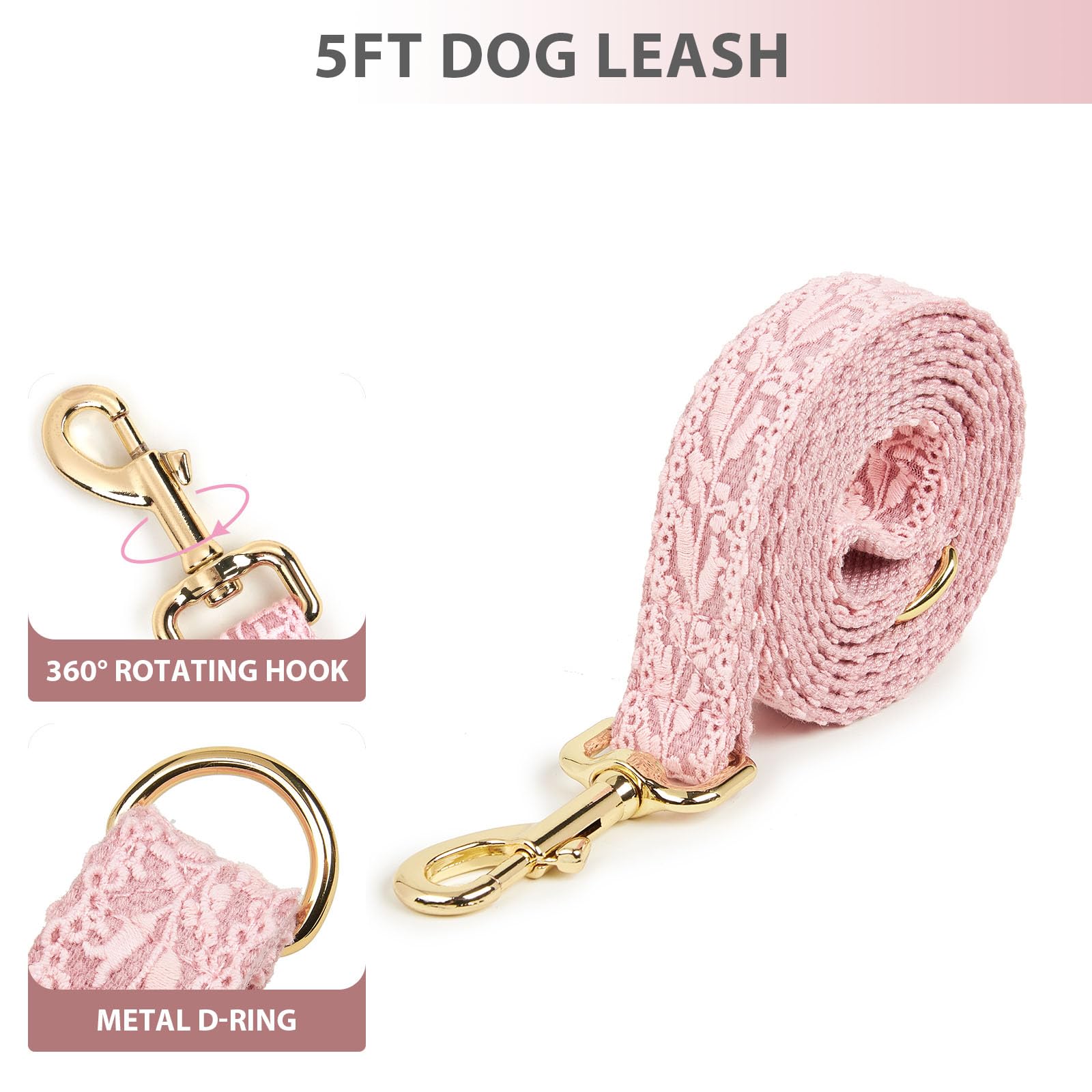 Hqrea Pink Lace Dog Collar And Leash Set For Small Dogs With Detachable Flower Bow, Gold Hardware, Elegant Pet Accessories For F