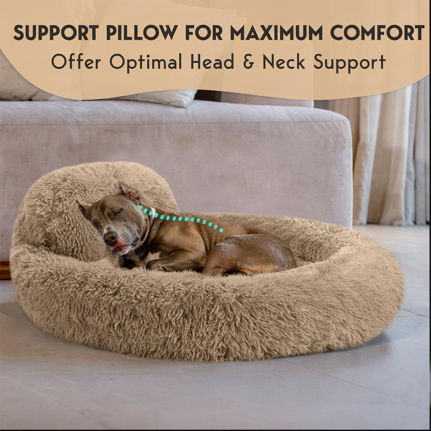 PetJett Calming Large Dog Bed - 36 Donut Dog Beds, Anti-Slip & Washable Large Round Bed, Fluffy Faux Fur Pet Bed, Super Soft A