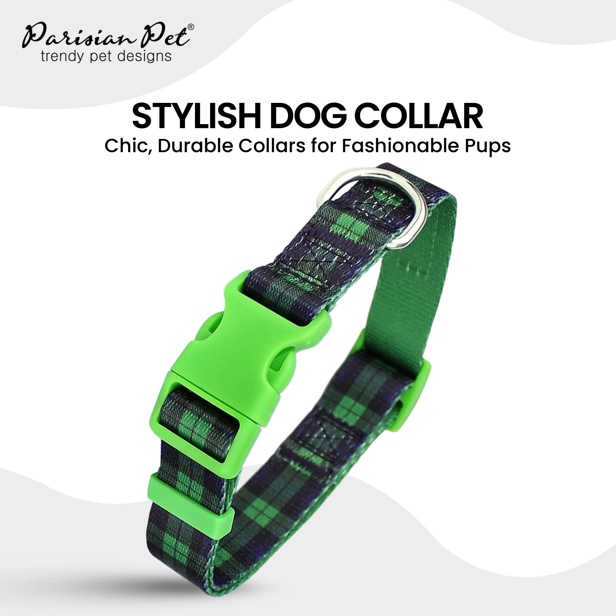Parisian Pet Dog Collar - Adjustable “ Scottish Green Plaid “ Pattern Puppies Collar - Comfortable, And Breathable Dog Collar - Nylon Dog Collars For Large Dogs L