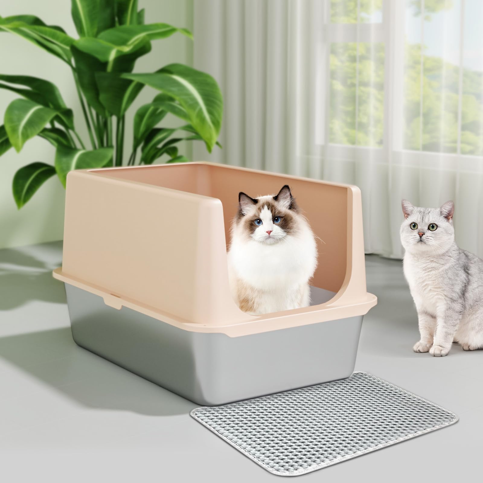 Stainless Steel Cat Litter Box, Metal Litter Box With Lid, 14 Extra Large Litter Boxes For Big Cats, High Sided Beige Cat Box 
