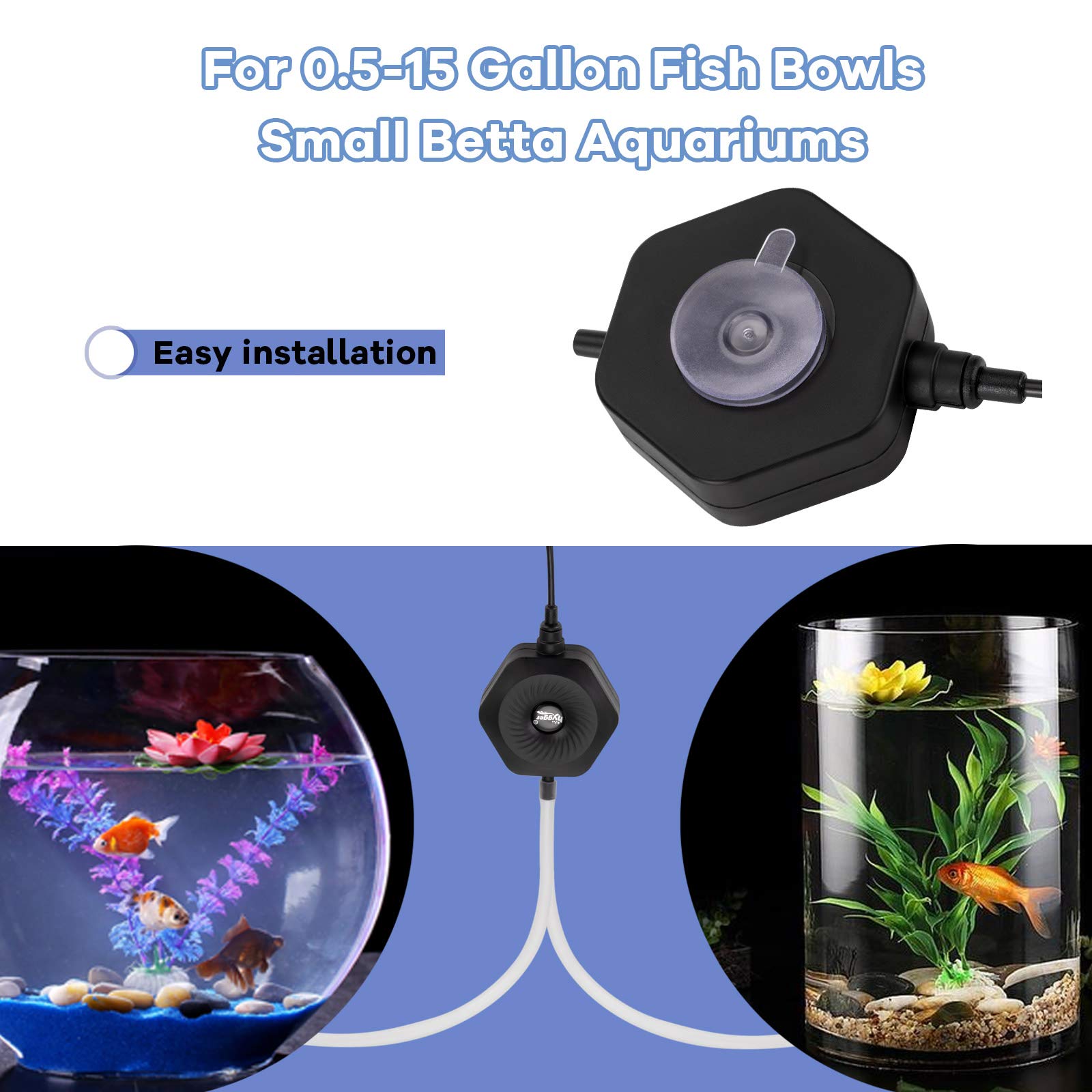 Hygger Quiet Mini Small Aquarium Air Pump Betta Fish Tank Bubbler Oxygen Aeration Pump With Air Stone Tubing Suction Cup For 0.5-15 Gal Fish Bowl