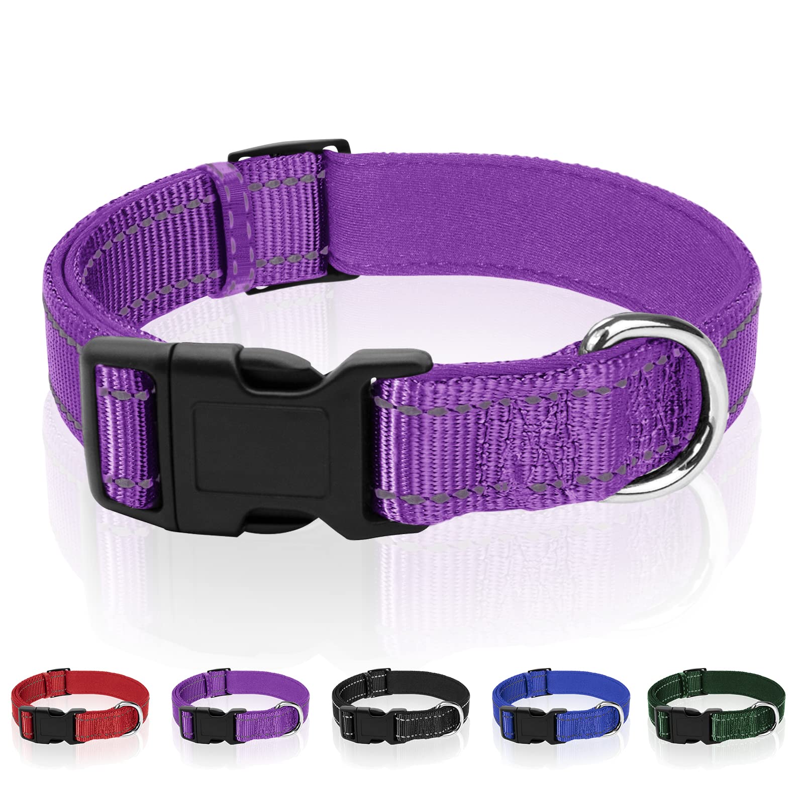 Rebnihc Reflective Dog Collar With Soft Neoprene Padded, Adjustable Nylon Dog Collar For Medium Dogs, Purple, M(3/4'' Wide, Neck 14''-21'')