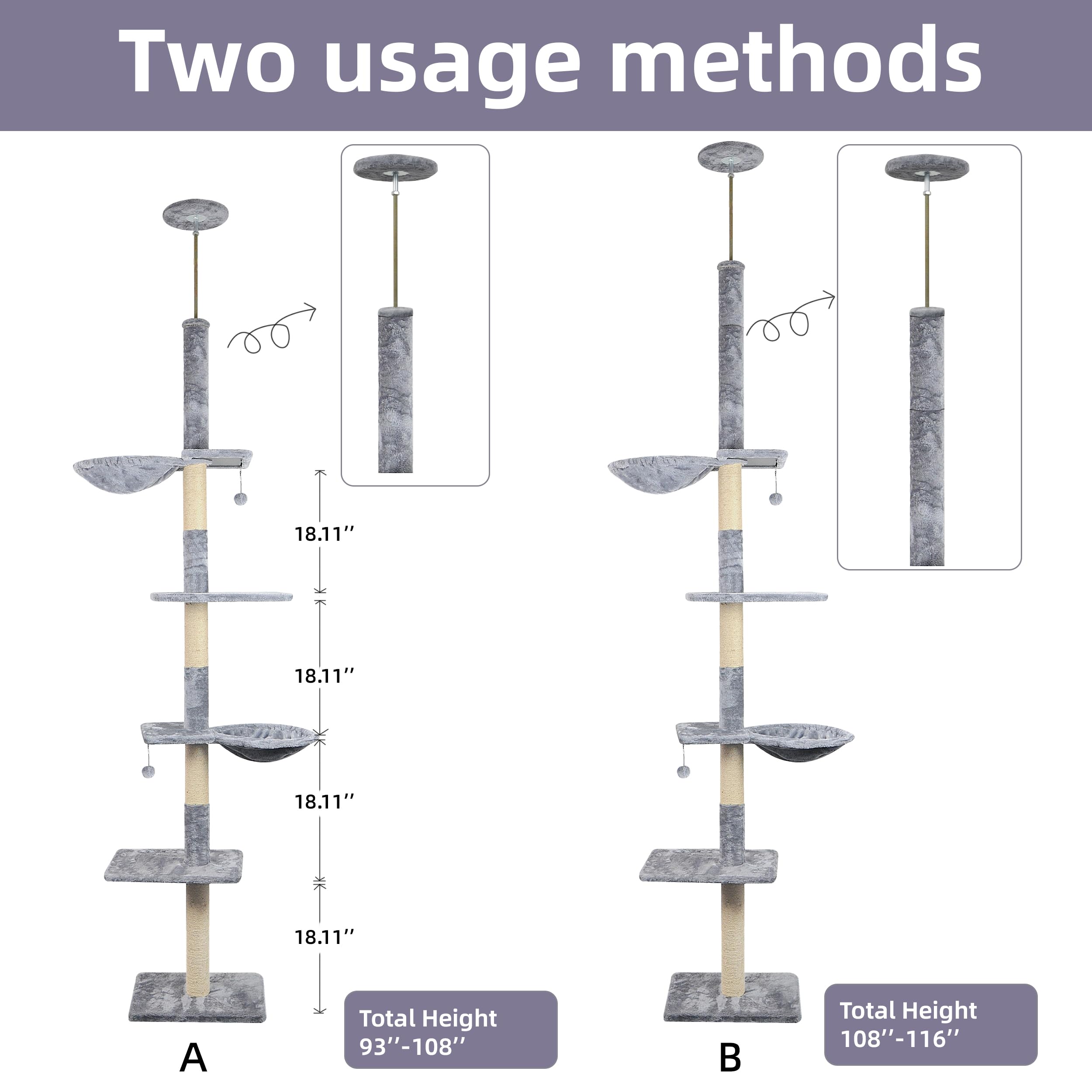 Roypet 93-116 Tall Cat Climbing Tree, 5-Tier Activity Center, Grey, with Hammock & Scratching Posts - Cat Furniture