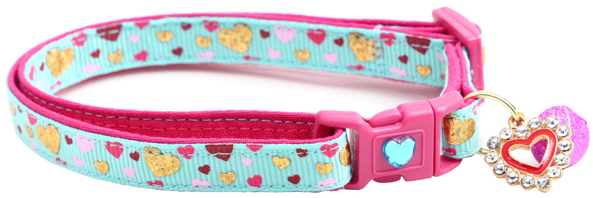 Valentines Day Cat Collar With Bell | Safety Breakaway Collar | Adjustable Large Size Or Kitten Collar (Raining Hearts On Aqua, 
