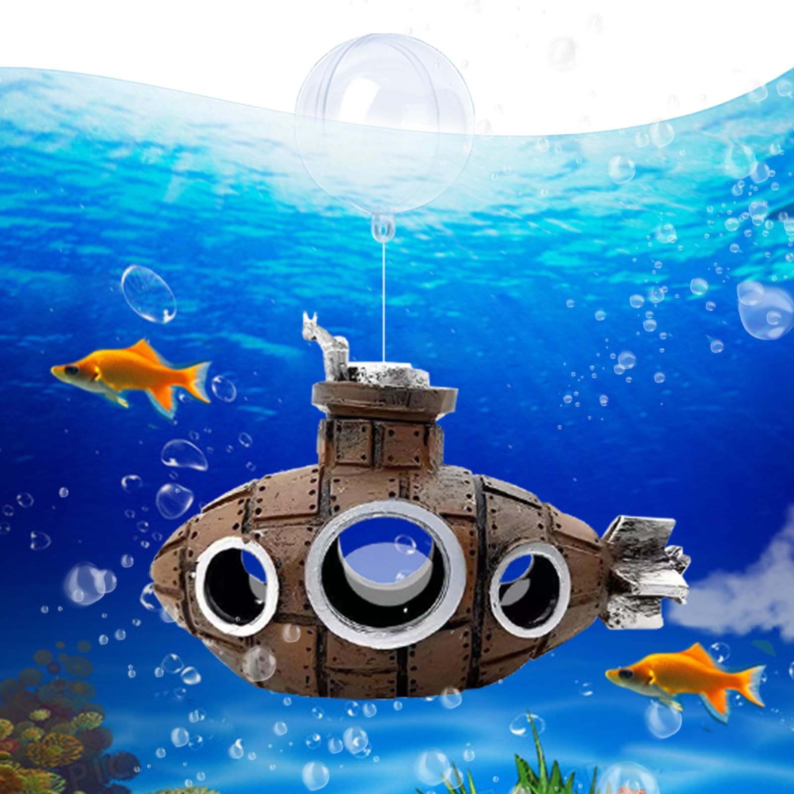 kawosun Floating Fish Tank Decoration Cute Retro Submarine Aquarium Decoration, Safe Fish Toy Betta Cichlid Gold Fish Shrimp Her