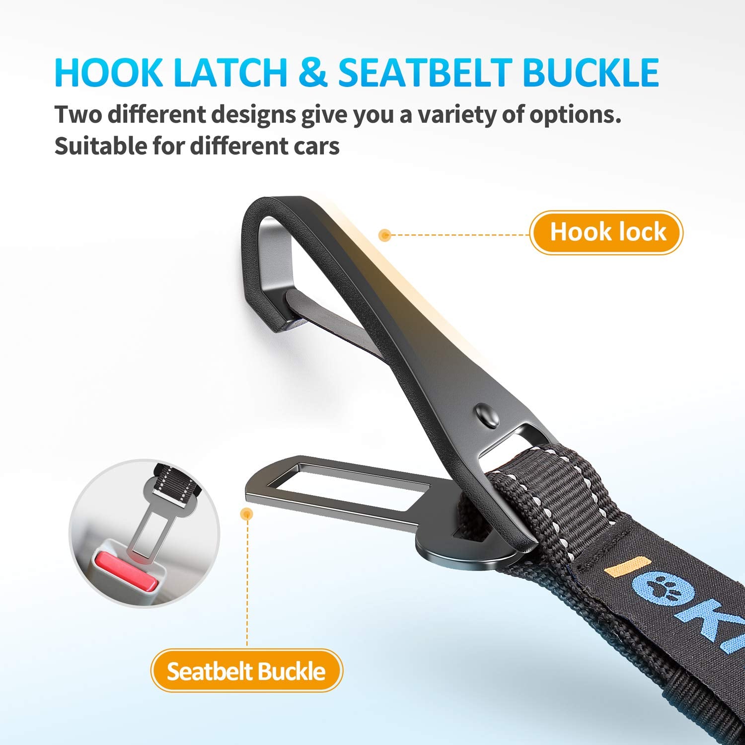 IOKHEIRA Dog Seat Belt 3-in-1 Car Harness, Adjustable Safety Nylon, Reflective Bungee Tether with Clip Hook, Buckle & Zinc Alloy Carabiner, Black