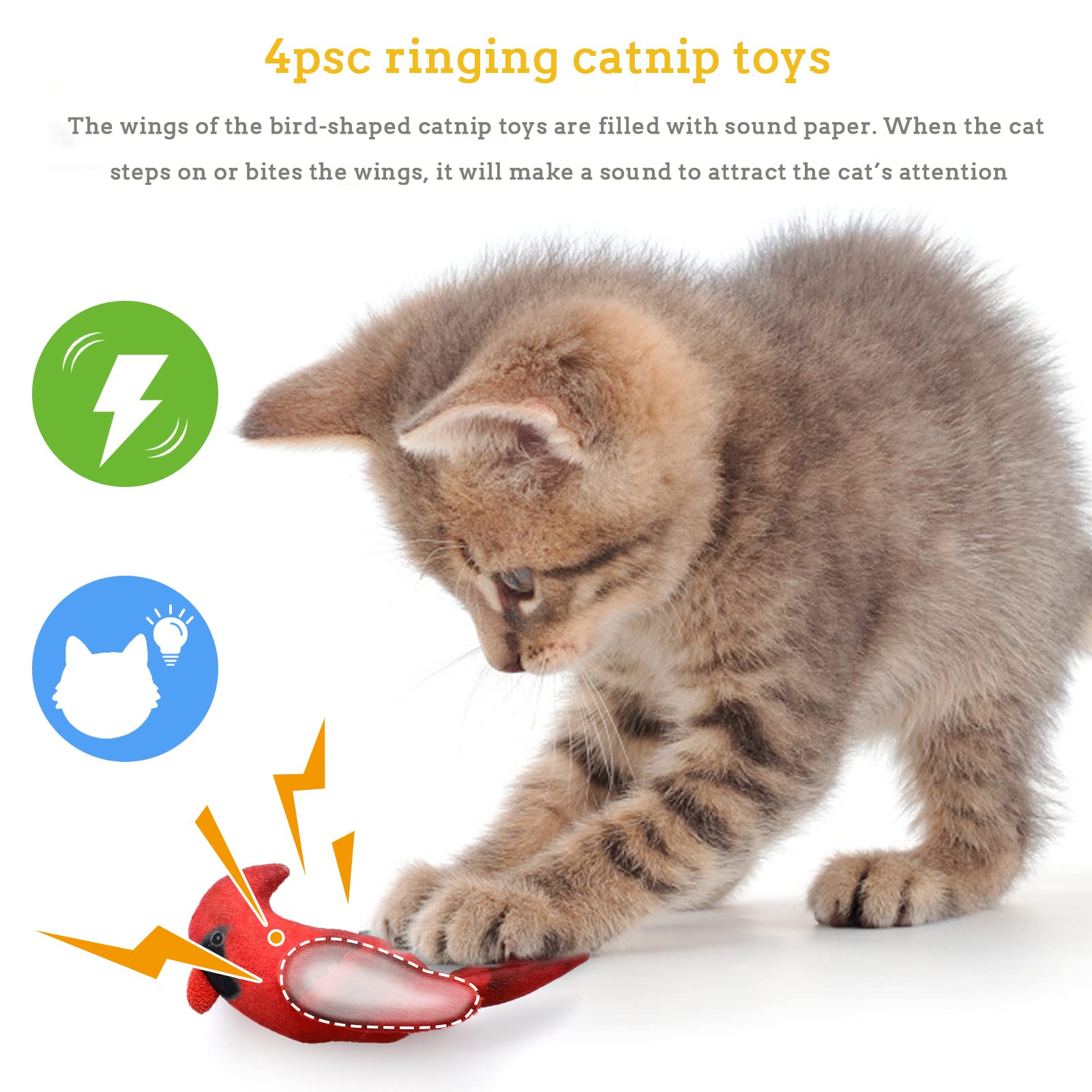 Dorakitten Cat Catnip Toys Interactive Cats 4pcs Kitten Plush Nip Chew Bird Toy with Crinkle Paper Pet Best Treats Stuffed Pillo