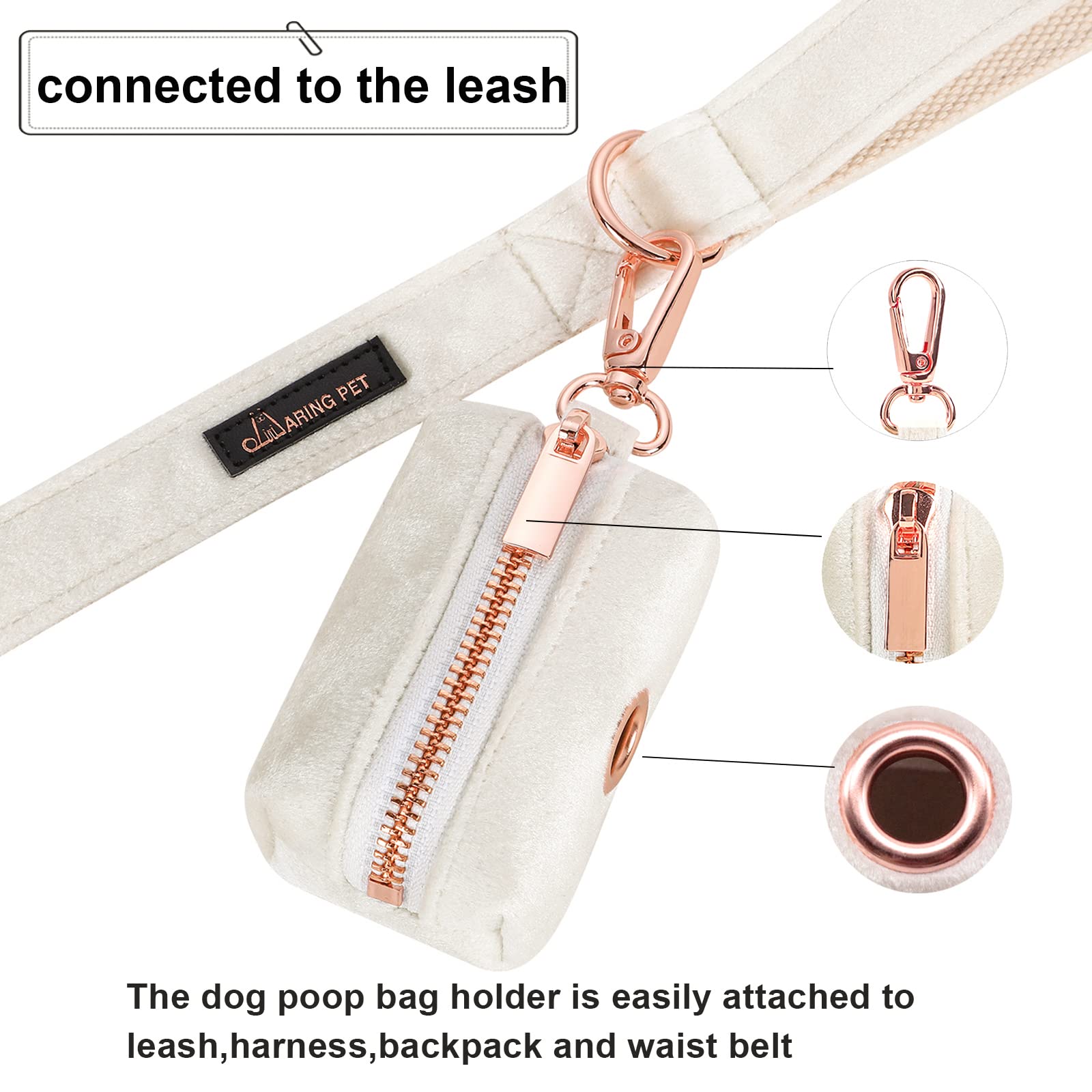Aring Pet Velvet Dog Waste Bag Holder, White Doggy Poop Bags Dispenser Attach To Any Leashes, Portable Washable Pet Waste Pouch