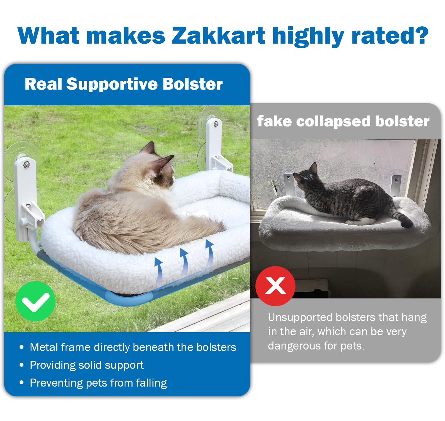 Zakkart Foldable Cat Hammock For Window - Cordless, Embeded Machine Washable Bed, Robust Metal Frame - Cat Window Perch For Larg