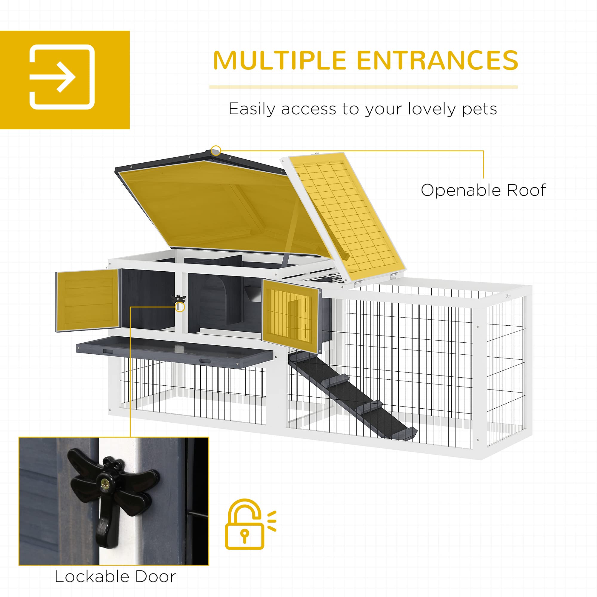 Pawhut 2 Levels Outdoor Rabbit Hutch With Openable Top, 59' Wooden Large Rabbit Cage With Run Weatherproof Roof, Removable Tray, Ramp, Dark Gray