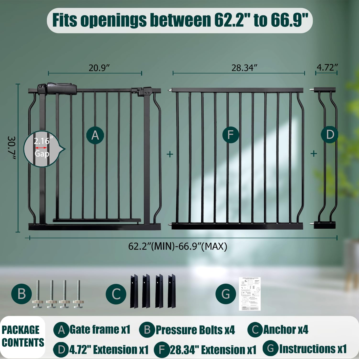 Extra Wide Baby Gate 62-67 Inch, Pressure Mounted Safety Child & Pet Gate - Black Metal - Large Walk Through - Long - for House