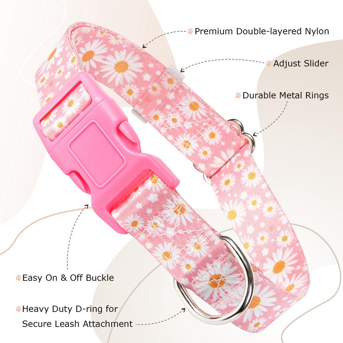 Girl Dog Collars for Medium Dogs, Pretty Daisy Pattern Design Quick Release Buckle Soft Nylon Pink Dog Collars Adjustable for Sm