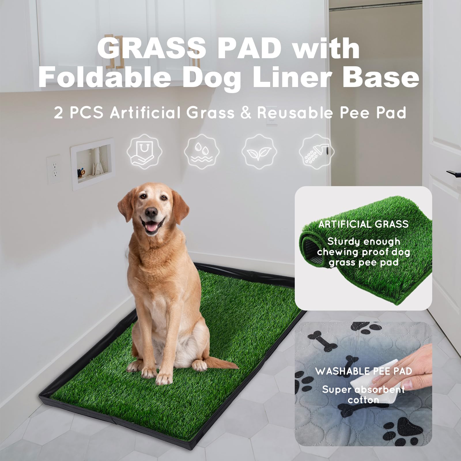 Hq4Us 4Legs Dog Grass Pad With Foldable Dog Litter Box,Large Liner Base For Balcony,Ultra-Absorbent Artificial Grass Pads For Do