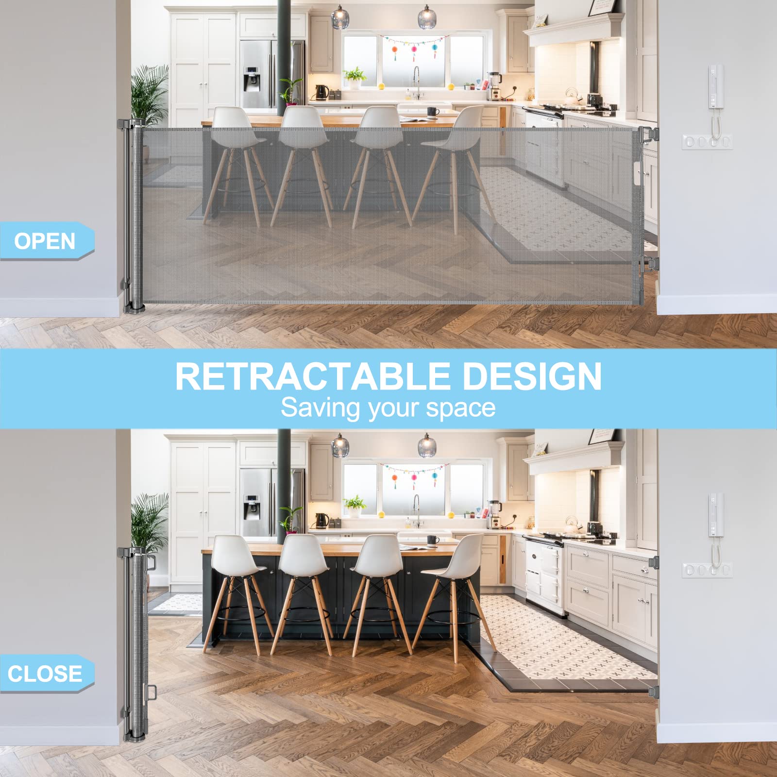 120 Inch Extra Wide Baby Gate Extra Long Dog Gate For The House Retractable Baby Gates For Doorways Super Large Pet Gate For Dogs Indoor Mesh Child Gates For Wide Openings Safety Toddler Gates (Grey)