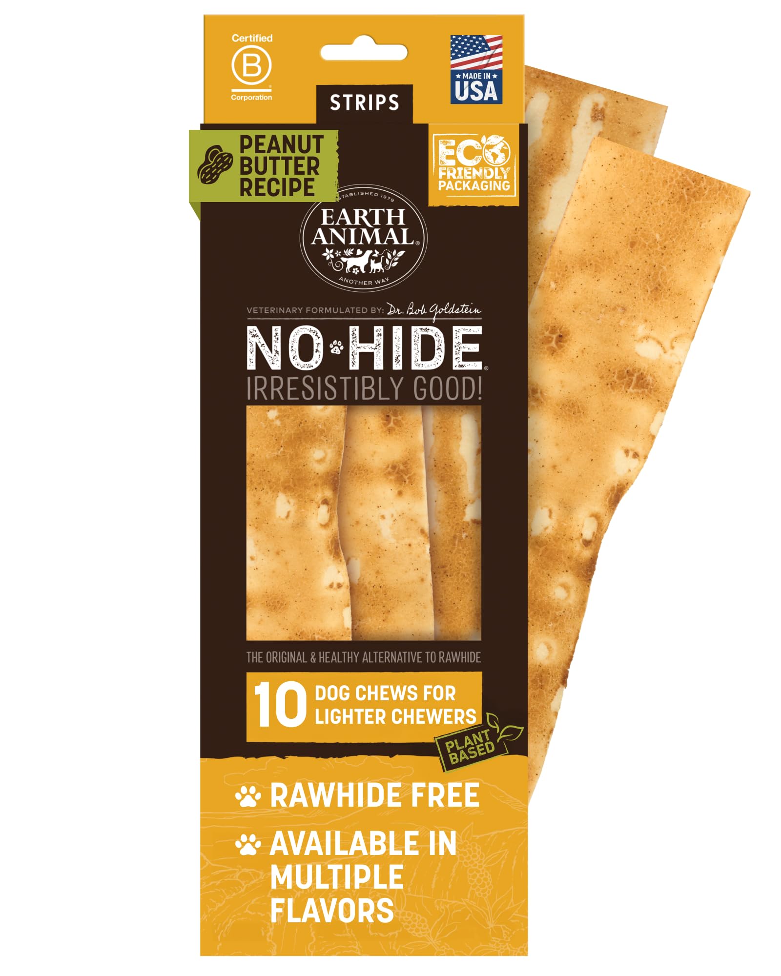 Earth Animal No-Hide Strips Peanut Butter Recipe Natural Rawhide Alternative Dog Chew Treat, Value Pack 3.8 Oz