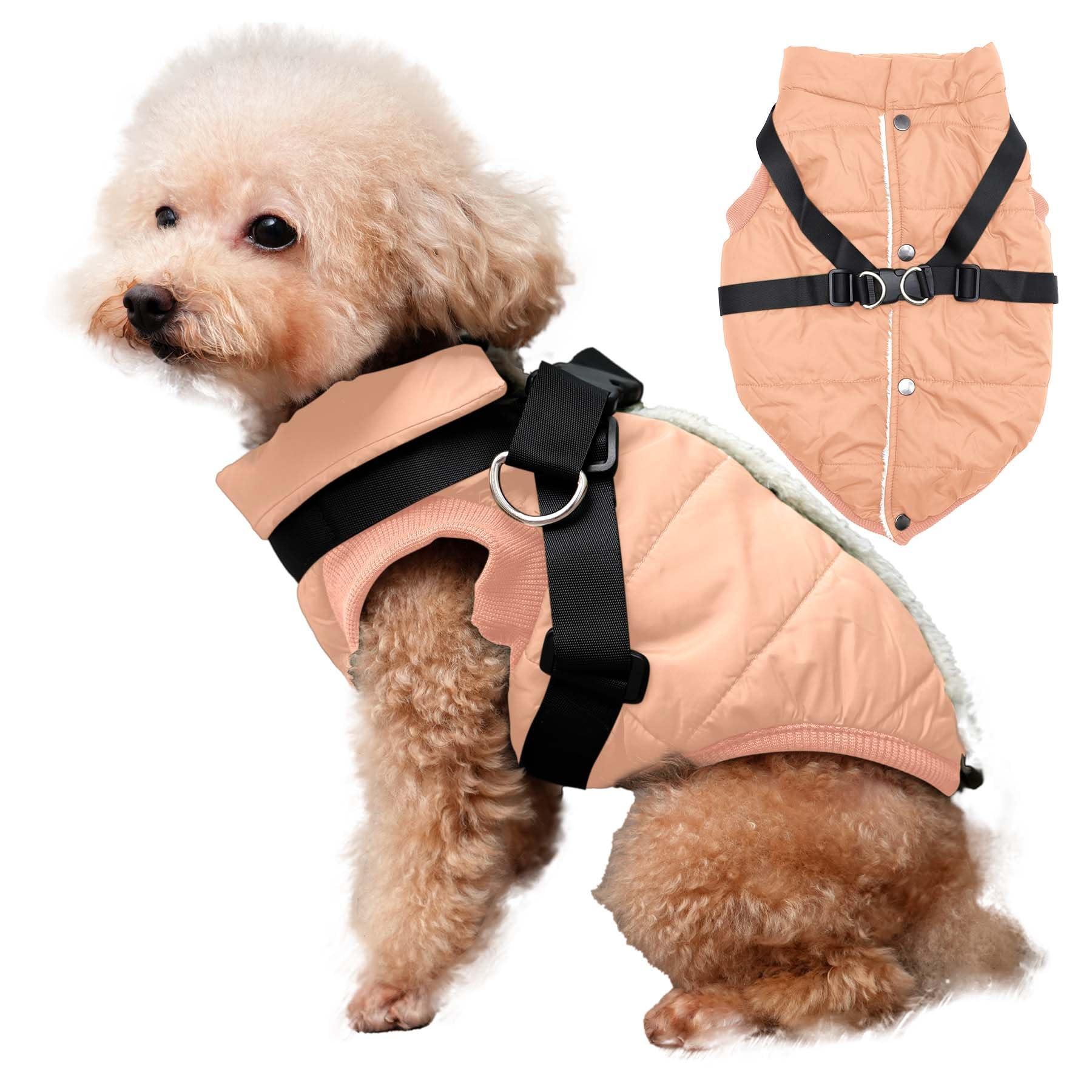 Joydaog Dog Jacket With Harness,Fleece Lined Warm Puppy Coat For Winter,Soft Windproof Small Dog Vest,Lightorange Xs
