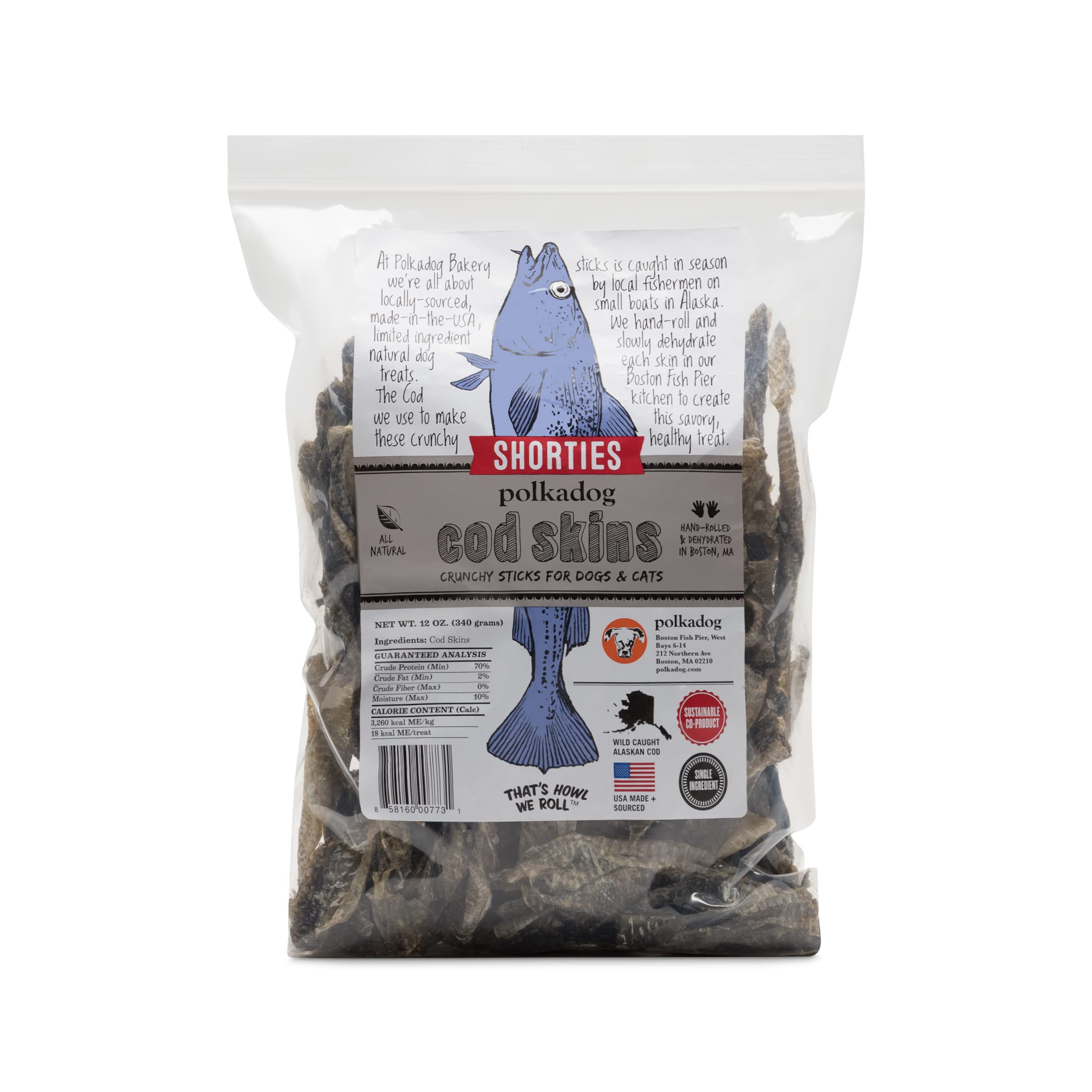 Polkadog Cod Skins Dog Treat - Lean Protein, Made in USA, Single-Ingredient, Grain & Gluten Free, for All Breeds - Crunchy Fish 