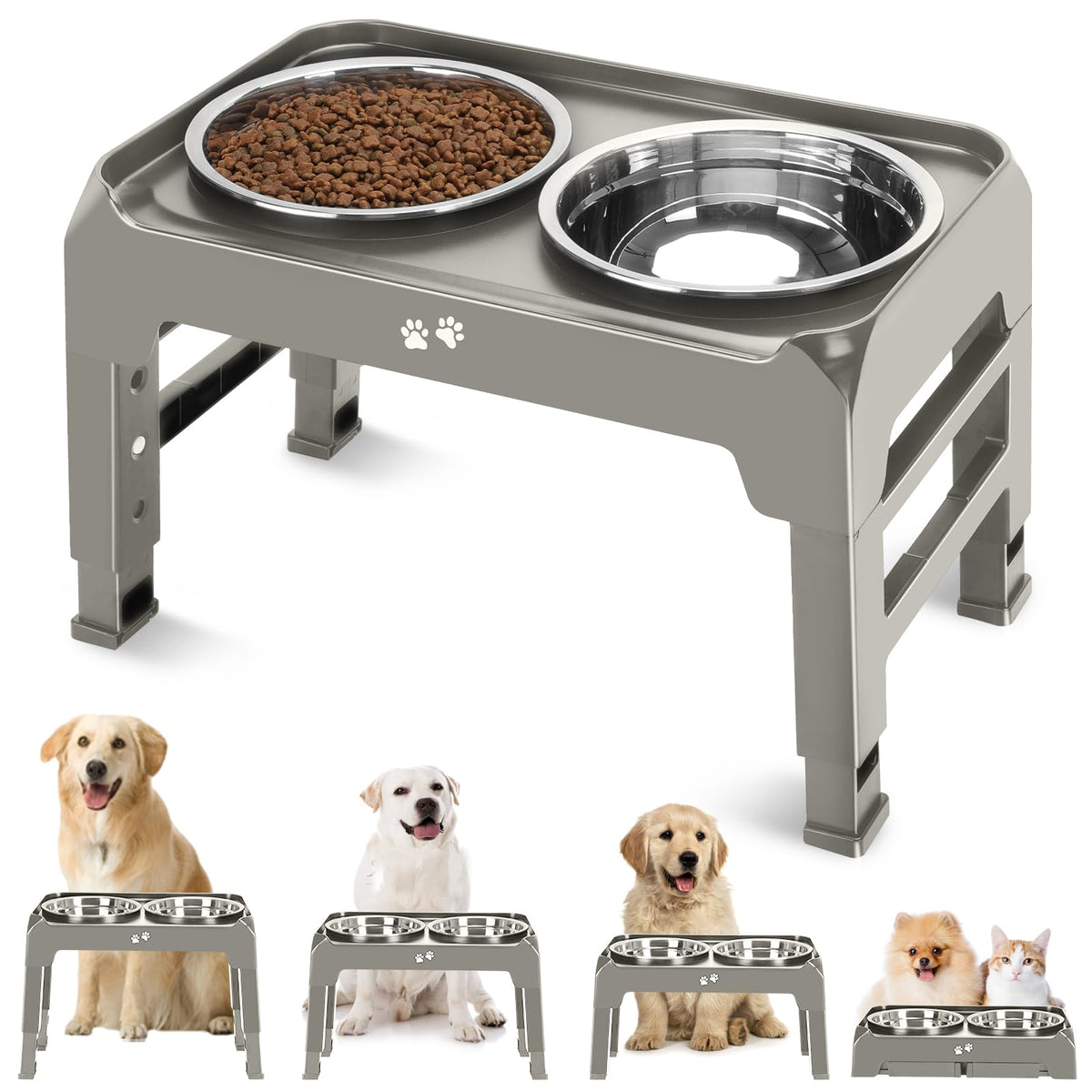 Elevated Dog Bowls, 4 Height Adjustable Raised Dog Bowl Stand With 2 Thick 50Oz Stainless Steel Dog Food Bowls Non-Slip Dog Feeder For Dogs Adjusts To 3.7', 9.2', 10.75', 12.36' Light Brownish Gray