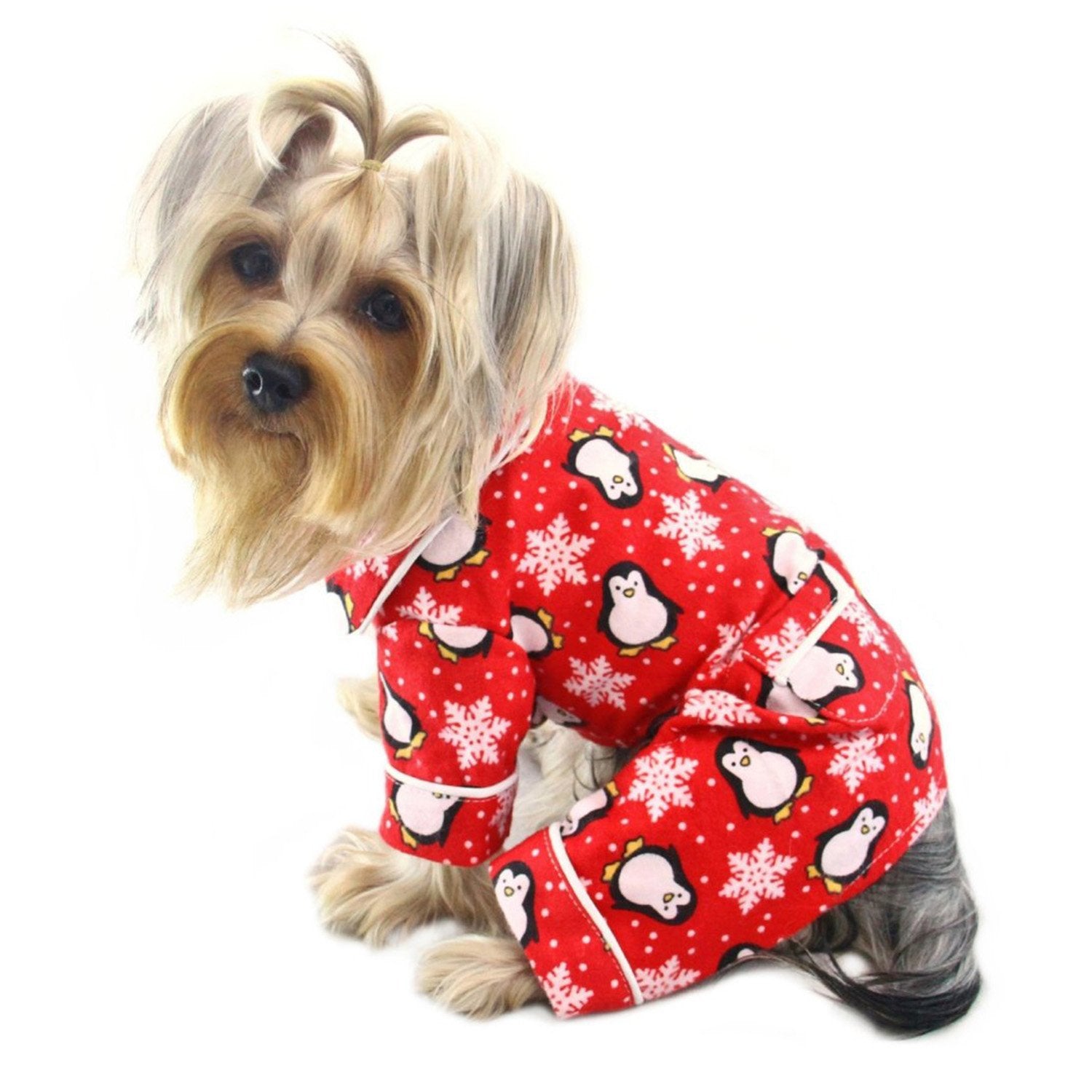 Klippo Penguins & Snowflake Flannel Dog Pajamas/Bodysuit/Loungewear - Red - Large
