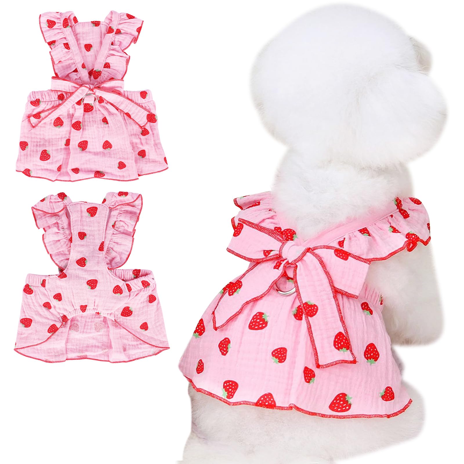 Kunyeah Girl Dog Dresses Pet Strawberries Princess Dress Summer Sleeveless Puppy Clothes Cat Bow Decor Costume With Leash Ring B