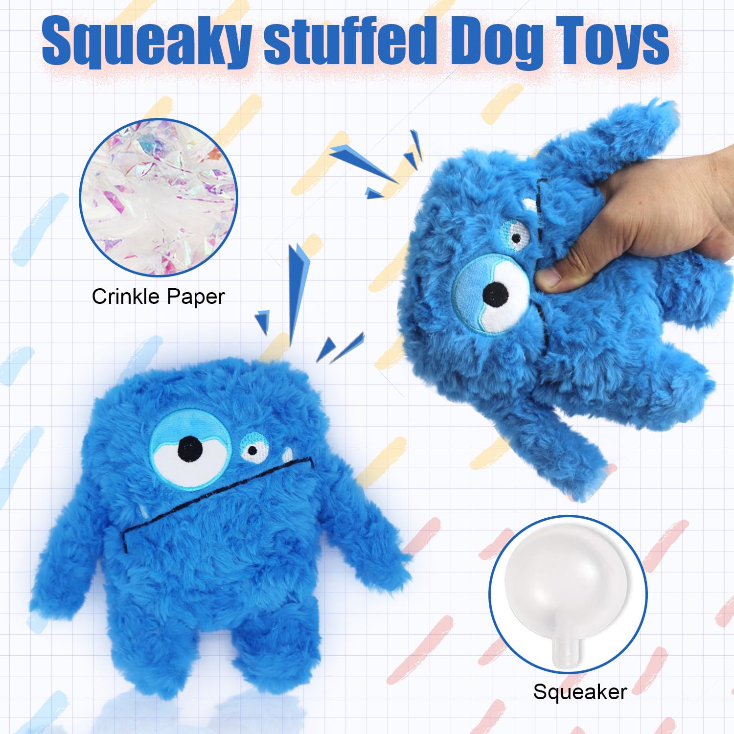 HUGEME Plush Squeaky Dog Toy - Crinkle Chew Toy for Small to Large Dogs, Blue, Model Mon-1-1