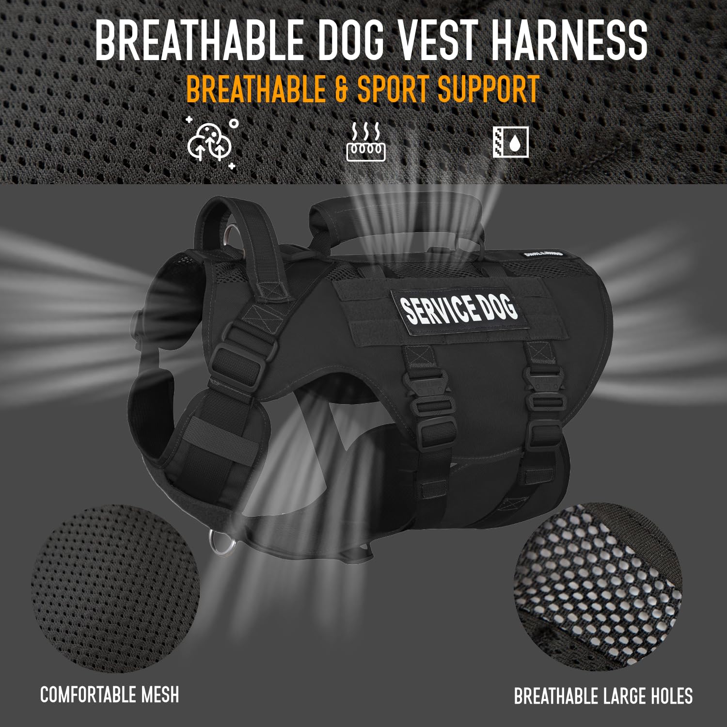 Dnallrino Service Dog Vest - Black Tactical Harness, Military MOLLE, Breathable Mesh, XL Size, Nylon Material, Model DNA-1
