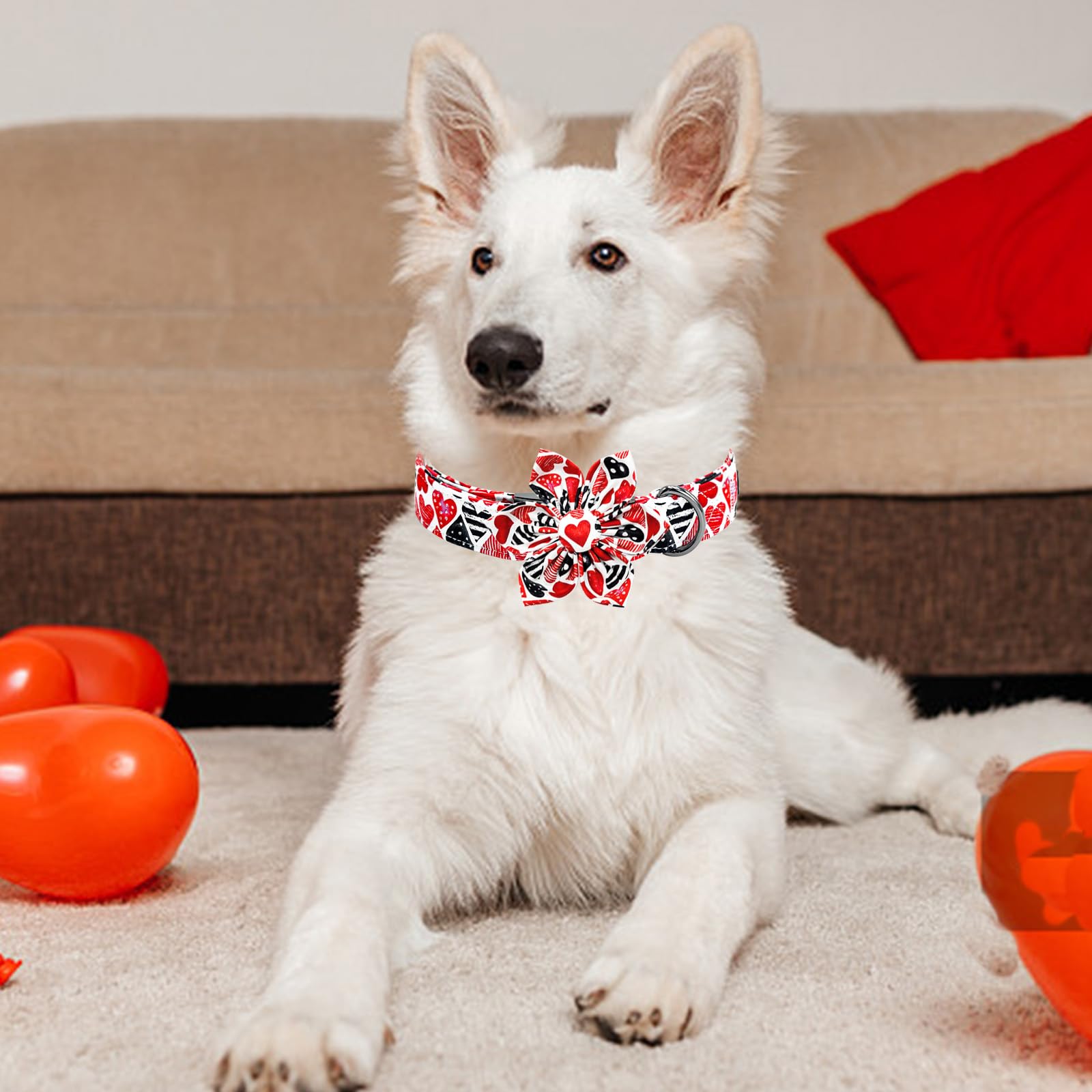 Lionheart Glory Valentine Dog Collar-Red Hearts Print Dog Collar With Flower For Large Dogs Spring Pink Cute Dog Bow Collars Fem