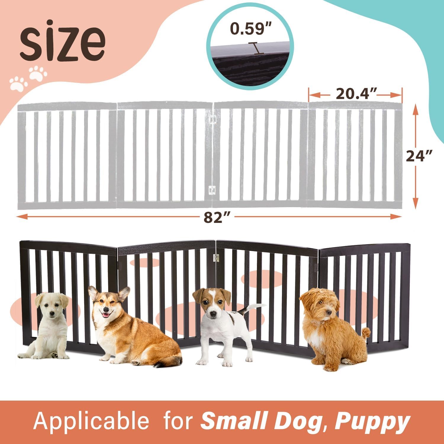 Pet Gate Dog Gate Indoor For Doorways Stairs 24 Inch Dog Fence Extra Wide 4 Panel Wooden
