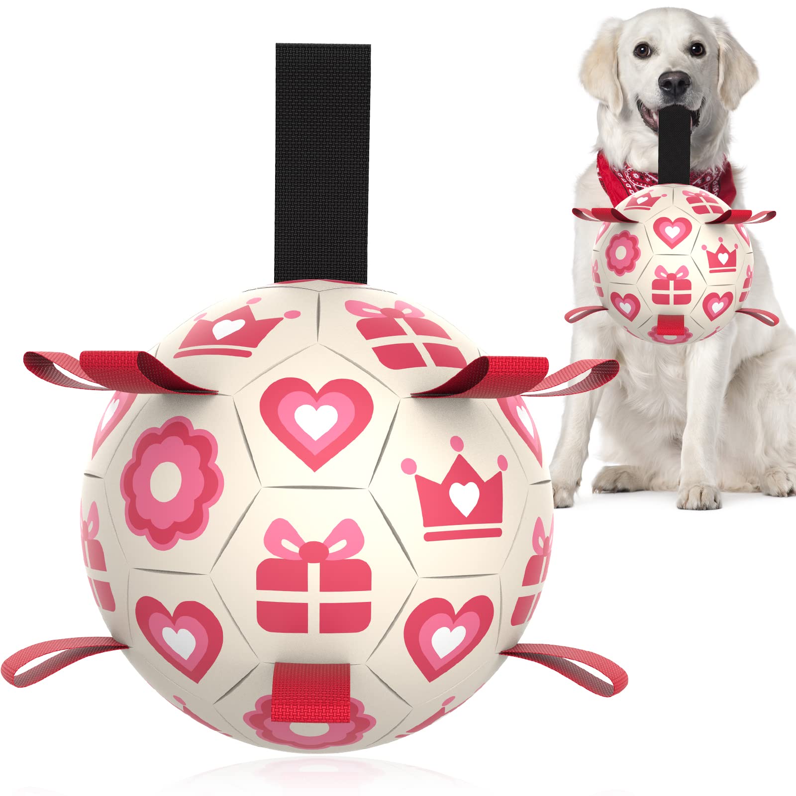 Qdan Pink Dog Toys Soccer Ball With Straps,Interactive Dog Toys For Tug Of War,Puppy Birthday Gifts,Dog Tug Toy,Dog Water Toy,Durable Dog Balls For Medium & Large Dogs(8 Inch)
