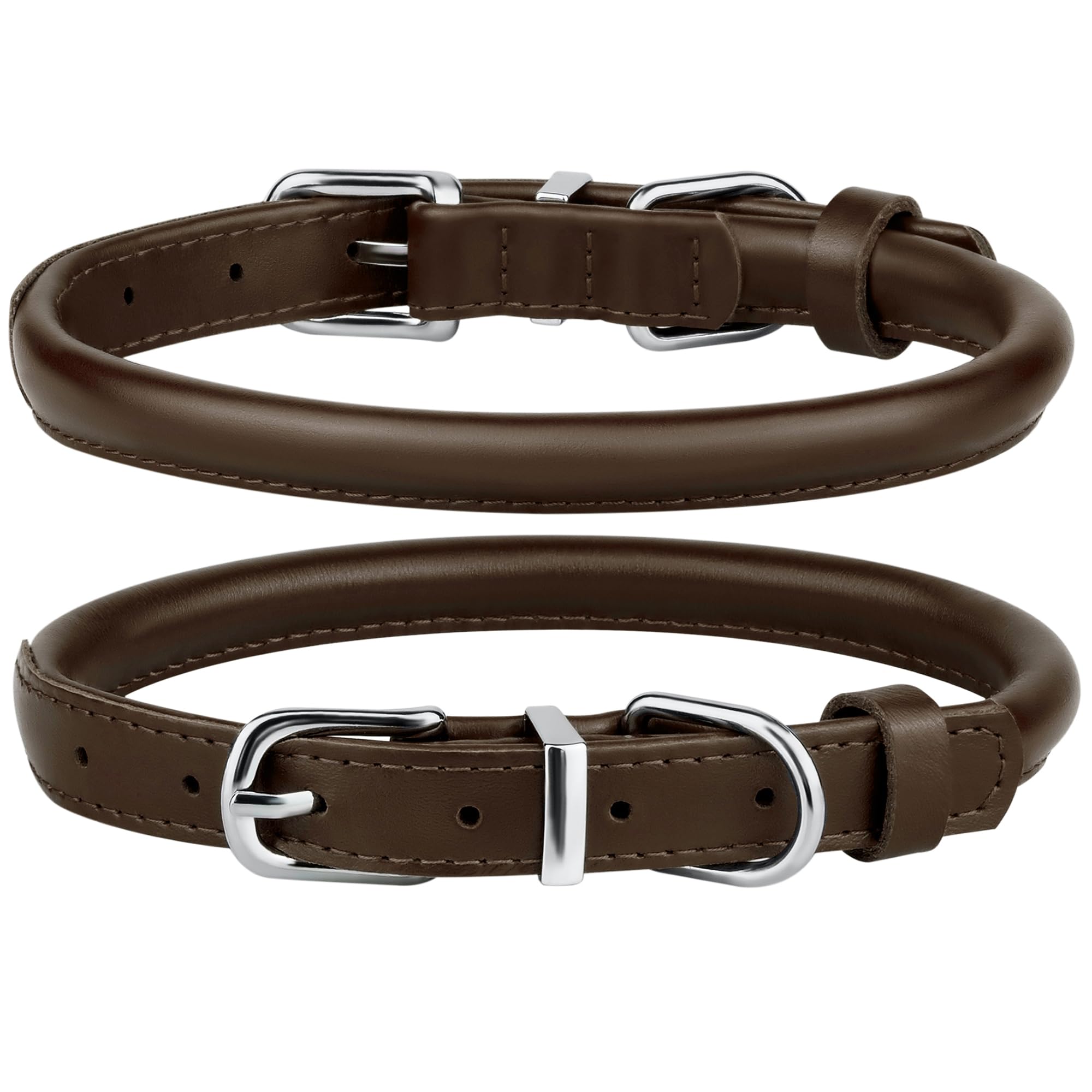 BRONZEDOG Rolled Leather Dog Collar for Small Medium Large Dogs, Genuine Smooth Leather, Coffee Brown, XS: 9-11 Inch