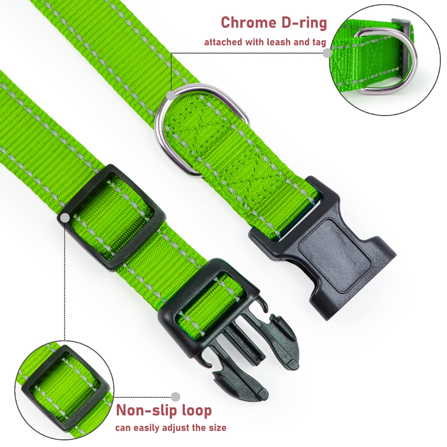 Reflective Dog Collar With Buckle Adjustable Safety Nylon Collars For Small Medium Large Dogs, Grass Green M