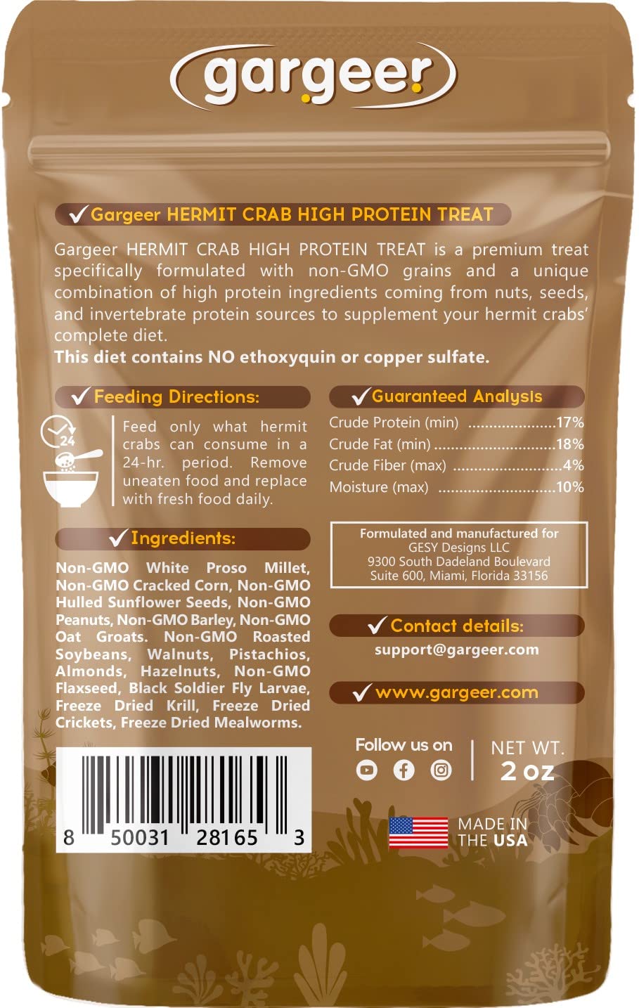 Gargeer Hermit Crab Protein Treat. Non-GMO Premium Ingredients, to Meet All Protein and Support Strength and Growth. 2oz Granula