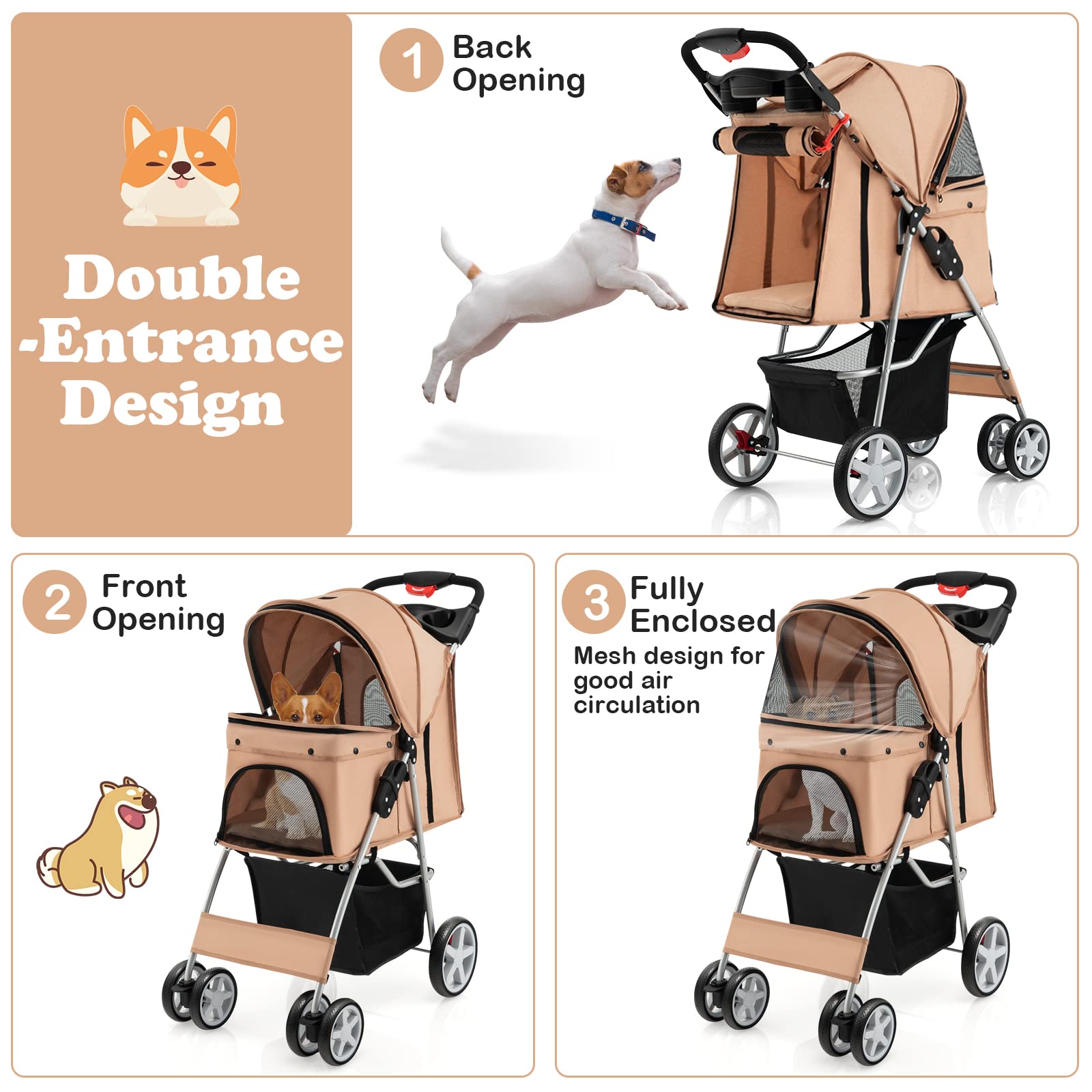 S Afstar 4 Wheels Pet Stroller, Folding Cat Dog Stroller W/Storage Basket & Tray, Adjustable Canopy, All-Terrain Eva Wheels, Fol