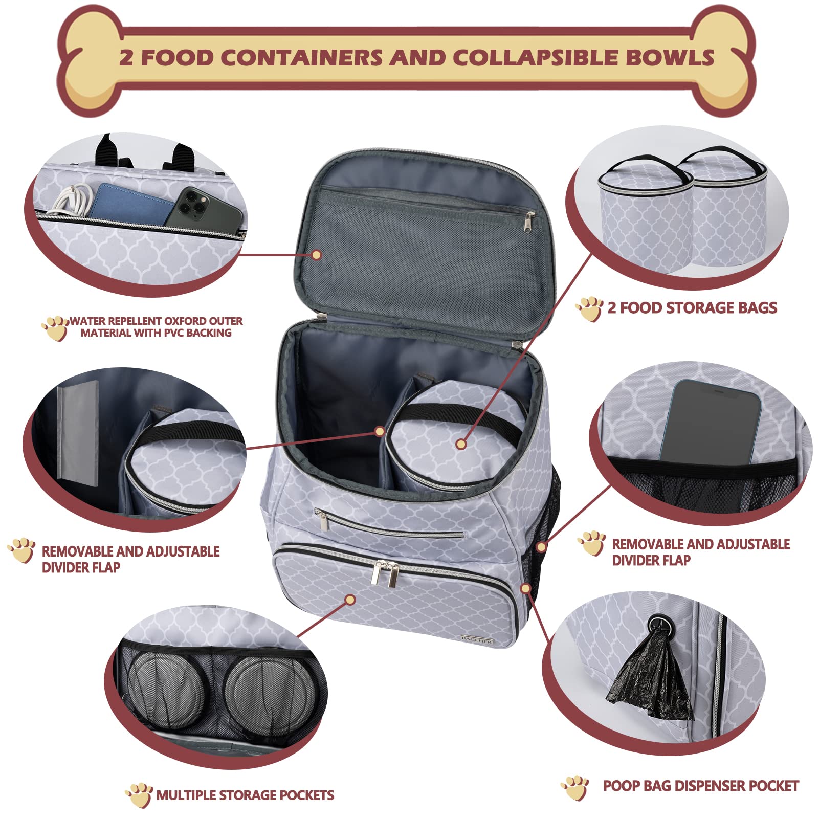 BAGLHER Dog Travel Backpack, Airline Approved, Small, Polyester, DLWhite with 2 Silicone Bowls & 2 Food Baskets